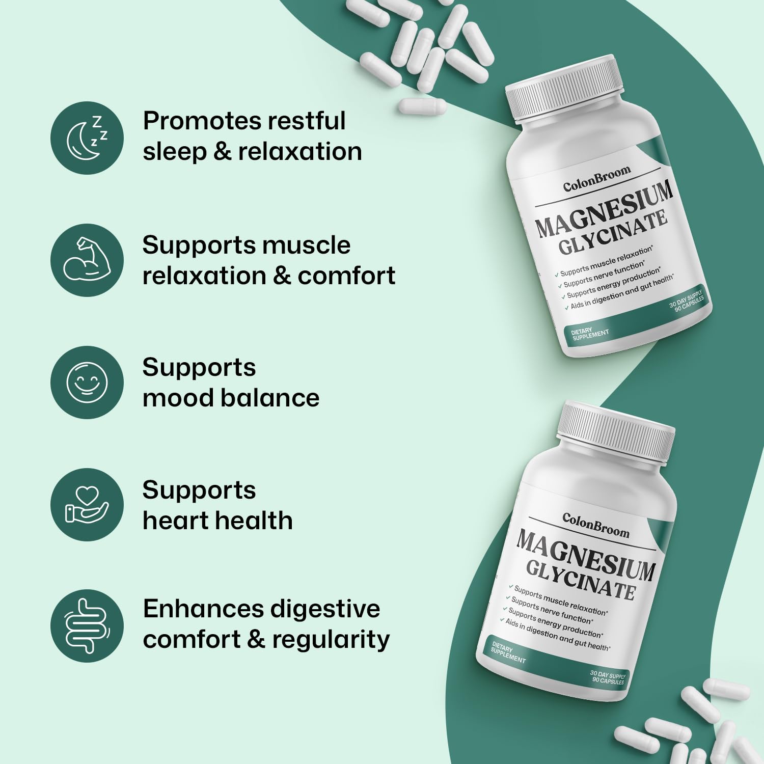 ColonBroom Pure Magnesium Glycinate Capsules | Supplement for Sleep, Heart & Muscle Support | Non-GMO, Gluten Free, Vegan & Sugar-Free | 1 Month Supply (90 Capsules) ColonBroom Au supplements