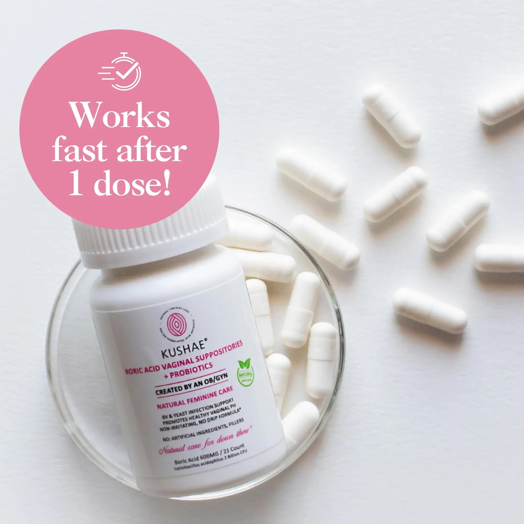 Kushae Boric Acid Suppositories + Rapid Relief, All Natural Female Suppositories with Probiotics & Aloe Vera, Relieves Discomfort & Balances pH Level Bottle Only 21 Capsules Kushae Au supplements
