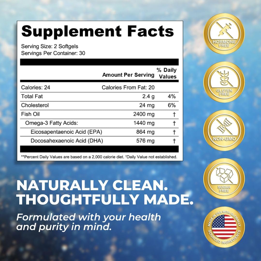 Vital Omega 3 Fish Oil Supplements 2400mg | 864mg EPA & 576mg DHA | 1440mg Total Omega-3 Fatty Acids | Promotes Brain & Heart Health | Non-GMO, Gluten-Free, Sugar-Free | Lemon | 60 Day Servings VITAL NUTRITIVE Au supplements