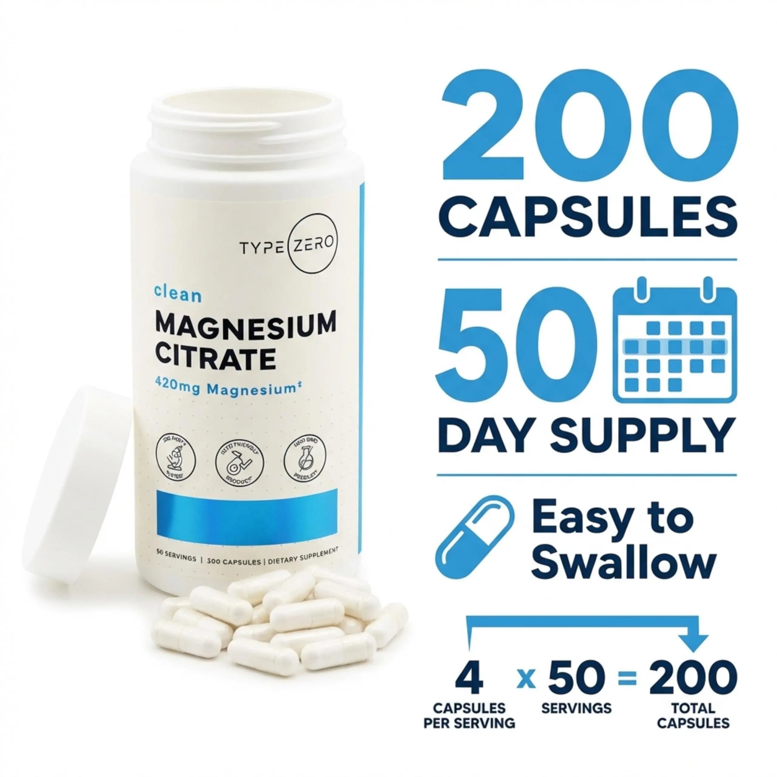 Type Zero Clean Magnesium Citrate Capsules (420mg Per Serving - 200 Capsules) Pure Magnesium Citrate Supplement, Non-GMO - Gluten Free, 50 Servings Type Zero Au supplements