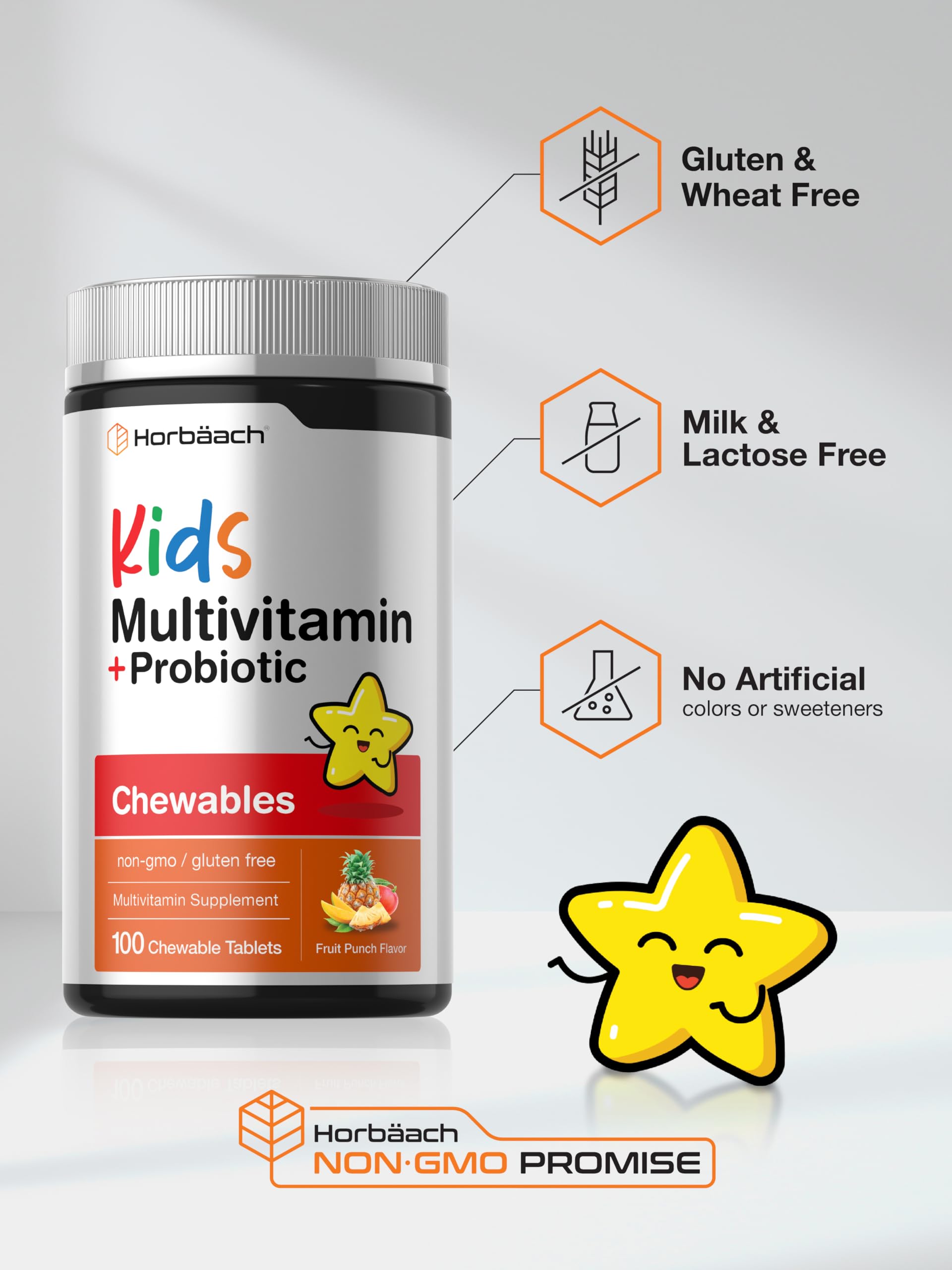 Horbäach Kids Multivitamin with Probiotics | 100 Chewable Tablets | Fruit Punch Flavor | Vegetarian, Non-GMO, Gluten Free Children's Supplement Horbäach Au supplements