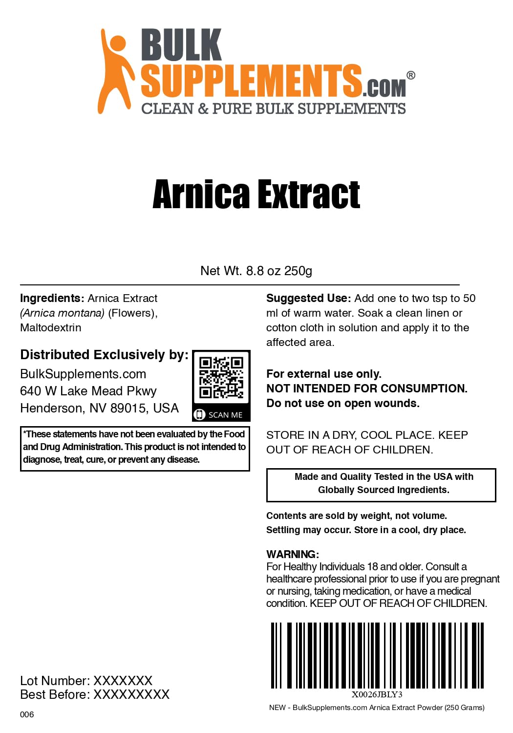 BulkSupplements.com Arnica Extract Powder - Herbal Supplement, from Dried Arnica Flowers, Servings Vary Per Use, 250g (8.8 oz) (Pack of 1) BulkSupplements Au supplements