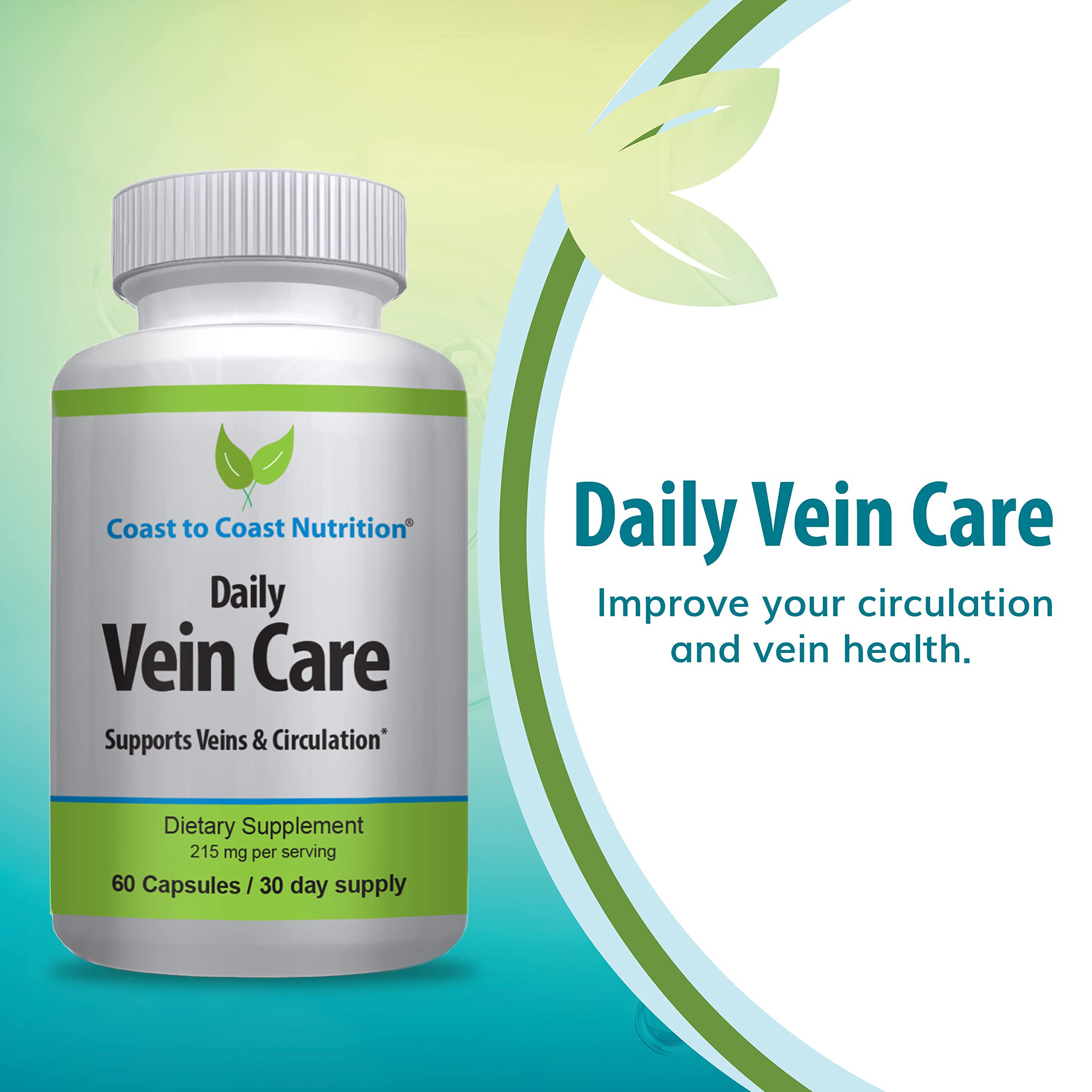 Coast to Coast Nutrition Daily Vein Care Supplement Capsules — Circulation Formula with a Natural Blend of Calcium, Vitamin D3, Vitamin K2 Plus BioPerine for Max Absorption Vein Formula — 60 Capsules Coast to Coast Nutrition Au supplements