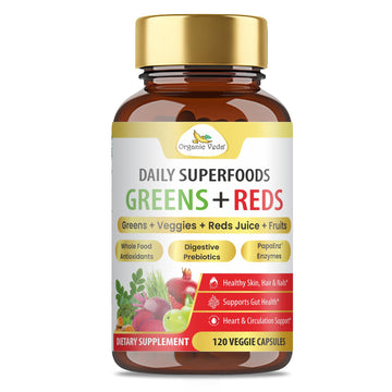 Organic Veda Super Greens & Reds Capsules - Organic Superfoods, Daily Greens, Red Juice, Fruits & Vegetables Supplement - Papaya Enzymes, Digestive Herbs, Bromelain, Antioxidants - 120 Veggie Capsules Organic Veda Au supplements