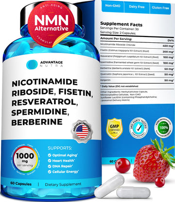 AdvantageNutra Liposomal Nicotinamide Riboside NR Supplement Resveratrol NAD : Nicotinamide 500mg w/Fisetin, Resveratrol Powder Spermidine Berberine NAD Resveratrol Supplement 500 mg - 60 caps 1 Pack AdvantageNutra Au supplements