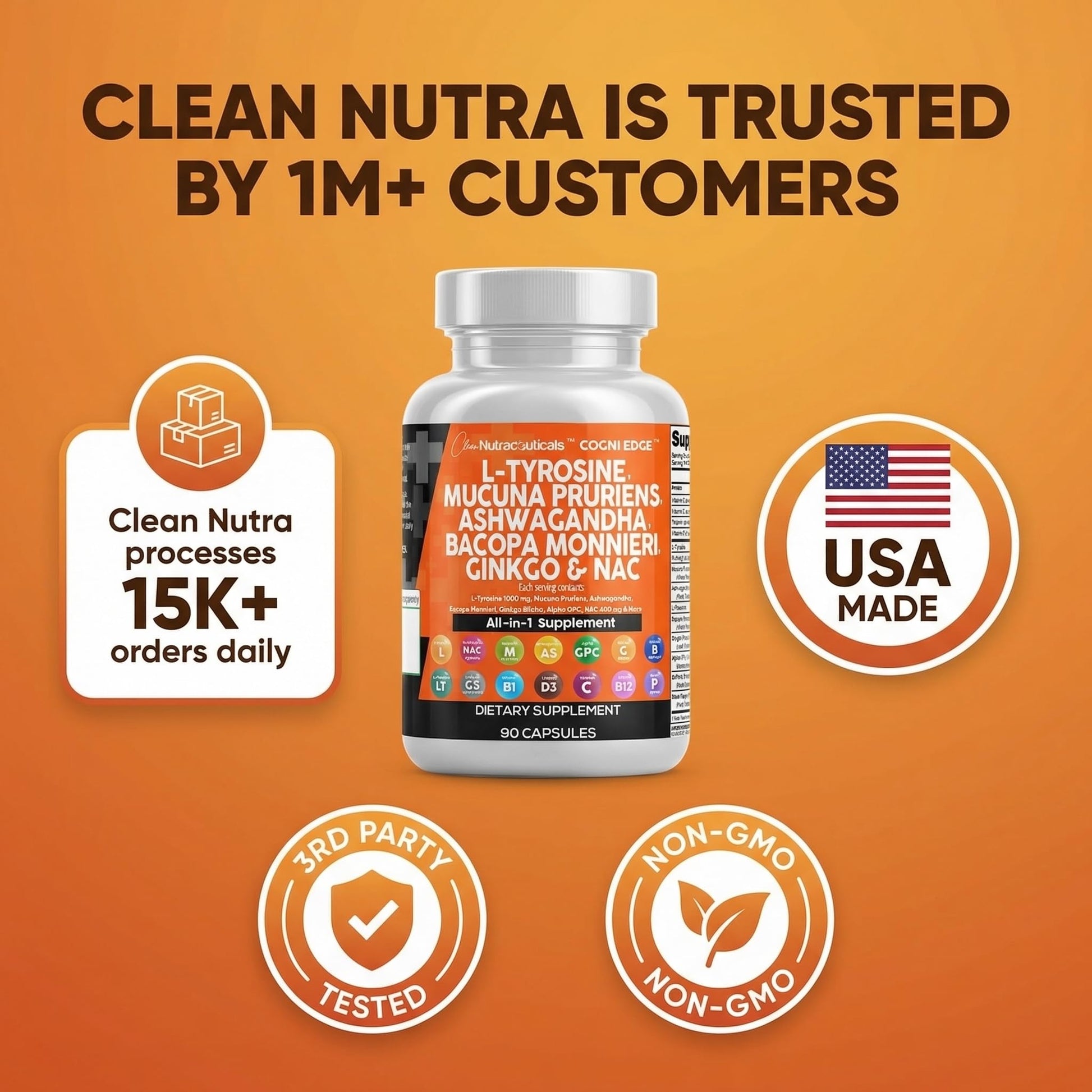 Clean Nutraceuticals L Tyrosine Mucuna Pruriens Bacopa Monnieri Ashwagandha Focus Supplement w/N-Acetyl Cysteine NAC 5-HTP Ginkgo Biloba Alpha GPC Vitamin C D B1 B12 Clean Nutraceuticals Au supplements