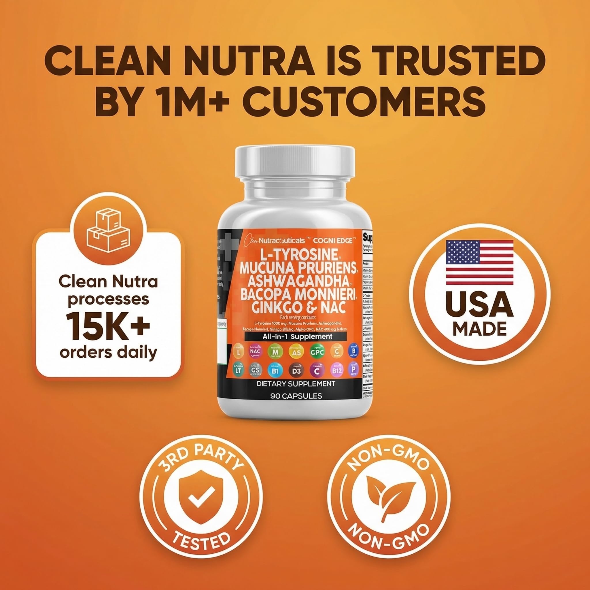 Clean Nutraceuticals L Tyrosine Mucuna Pruriens Bacopa Monnieri Ashwagandha Focus Supplement w/N-Acetyl Cysteine NAC 5-HTP Ginkgo Biloba Alpha GPC Vitamin C D B1 B12 Clean Nutraceuticals Au supplements