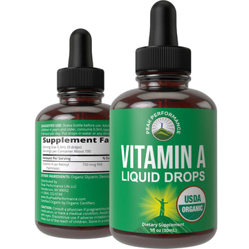 USDA Organic Vitamin A Liquid Drops Supplement. Vegan High Bioavailability for Eye, Skin + Bone Health. for Adults, Men, Women, Kids. Vit A Oil Retinyl Palmitate. Gluten Free, Zero Sugar. 100 Servings Peak Performance Au supplements