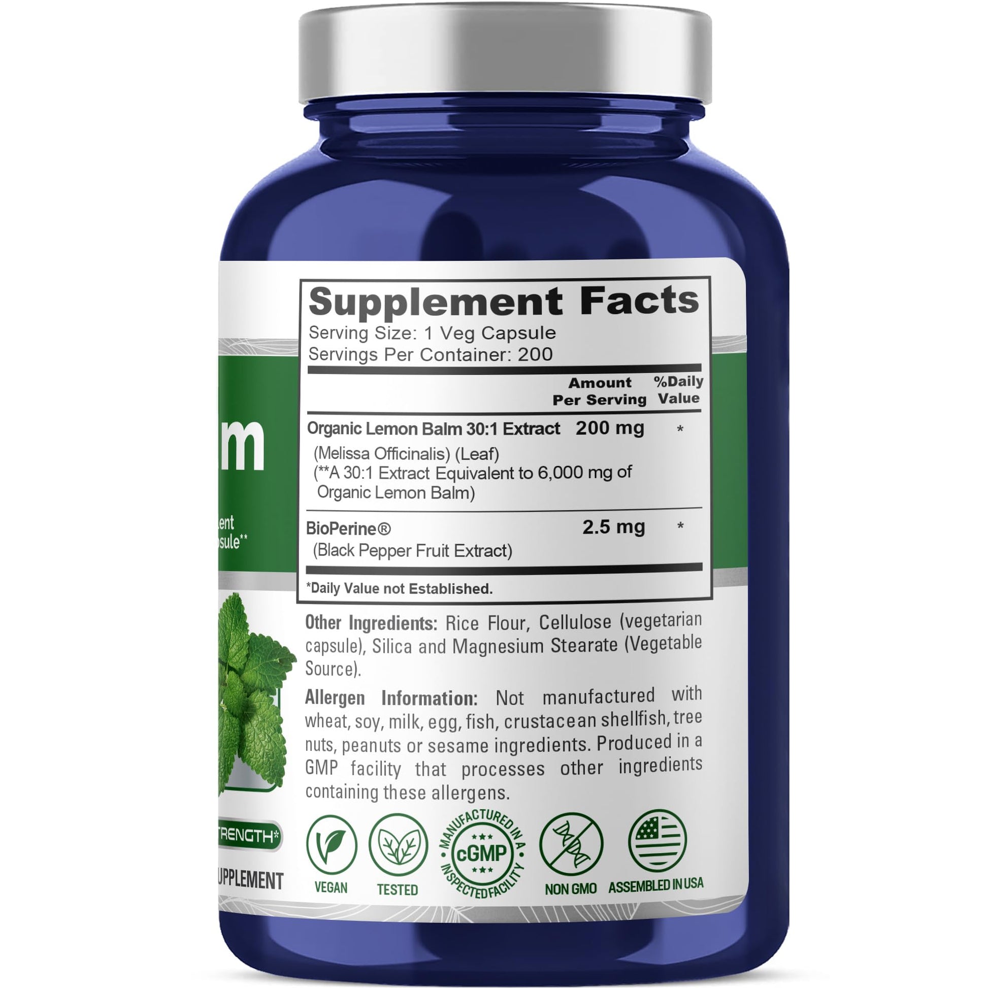 NusaPure Lemon Balm 30:1 Extract, 200 mg Equivalent to 6000mg Per Vegan Caps - 200 Count Non-GMO, Vegan Bioperine NusaPure Au supplements