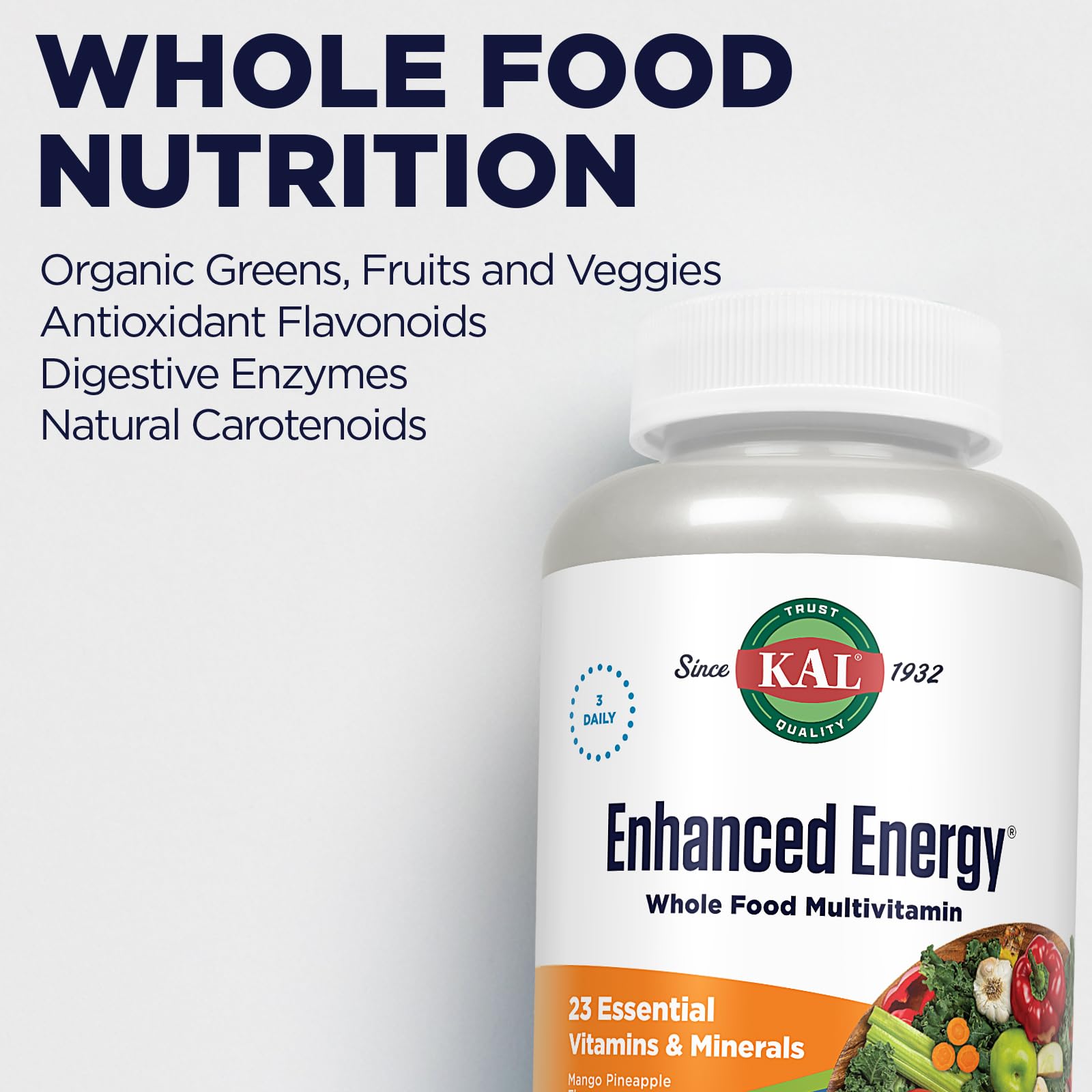 KAL Enhanced Energy Supplements, Whole Food Chewable Multivitamin with Iron, 3 Daily, 23 Essential Vitamins and Minerals, Super Foods, Enzymes, Mango Pineapple Flavor, 60-Day Guarantee, 20 Serv, 60ct KAL Au supplements