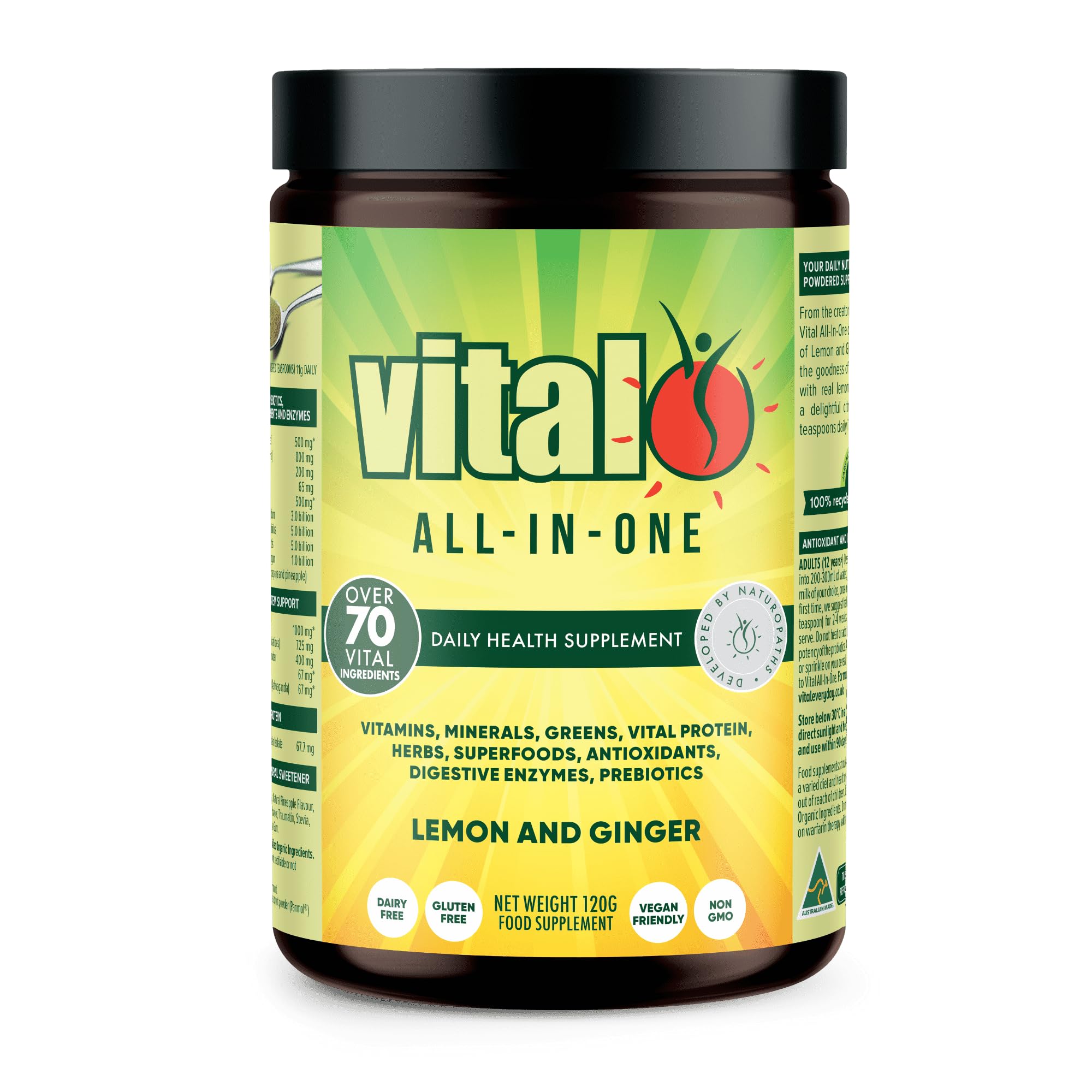 Vital All-in-One Daily Powdered Supplement - Natural Greens Superfood Powder for Energy & Health, Super Greens Powder Drink Mix with Probiotic & Antioxidant Support - Lemon & Ginger, 4.23 oz (120 g) Vital Au supplements