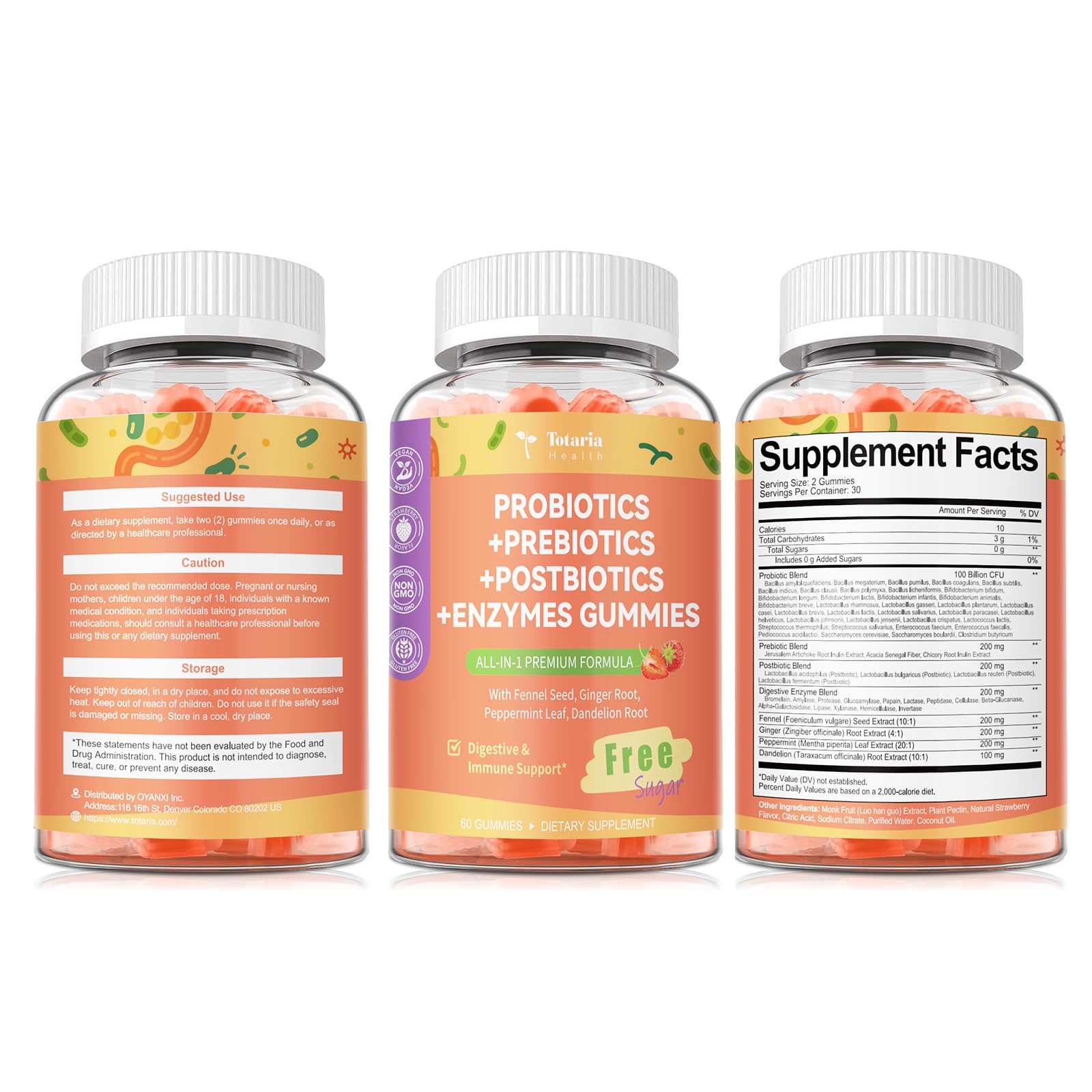 (2 Packs) Totaria Sugar Free 5-in-1 Probiotic Prebiotic Postbiotic Gummy, Probiotics for Women Men with Digestive Enzymes, Peppermint, Complete Immune, Gut & Digestive Support, Vegan Strawberry Flavor Totaria Au supplements