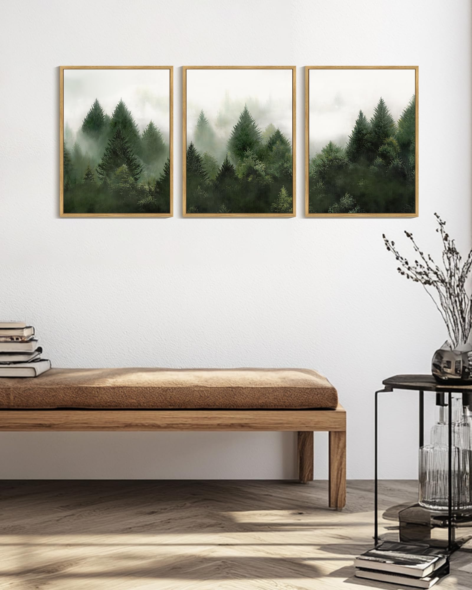 KUVIOKE Morden Green Fog Pine Tree Framed Canvas Wall Art Nature Nordic Forests Artwork Painting Bedroom Decor 12x16in (Natural Framed) KUVIOKE Au supplements
