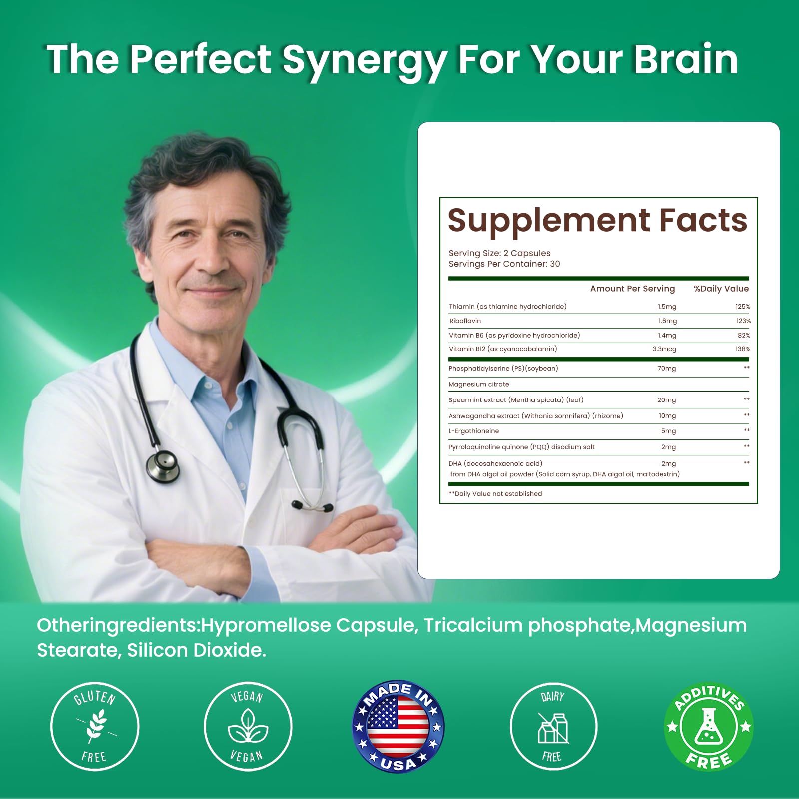 PhosphatidylSerine Memory & Focus Supplement with DHA, Spearmint, Magnesium & Ashwagandha – Brain Clarity, Stress Relief & Cognitive Support – Gluten-Free Vegan, 60 Capsules LIFEFRIEND Au supplements