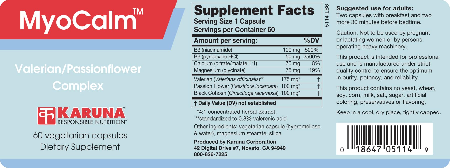 MyoCalm 60 Vegetarian Capsules | Valerian 175mg, Passion Flower 100mg, Black Cohosh 100mg, Calcium 75mg, Magnesium 75mg, b3(niacinamide), b6(Pyridoxine HCI) Karuna Au supplements