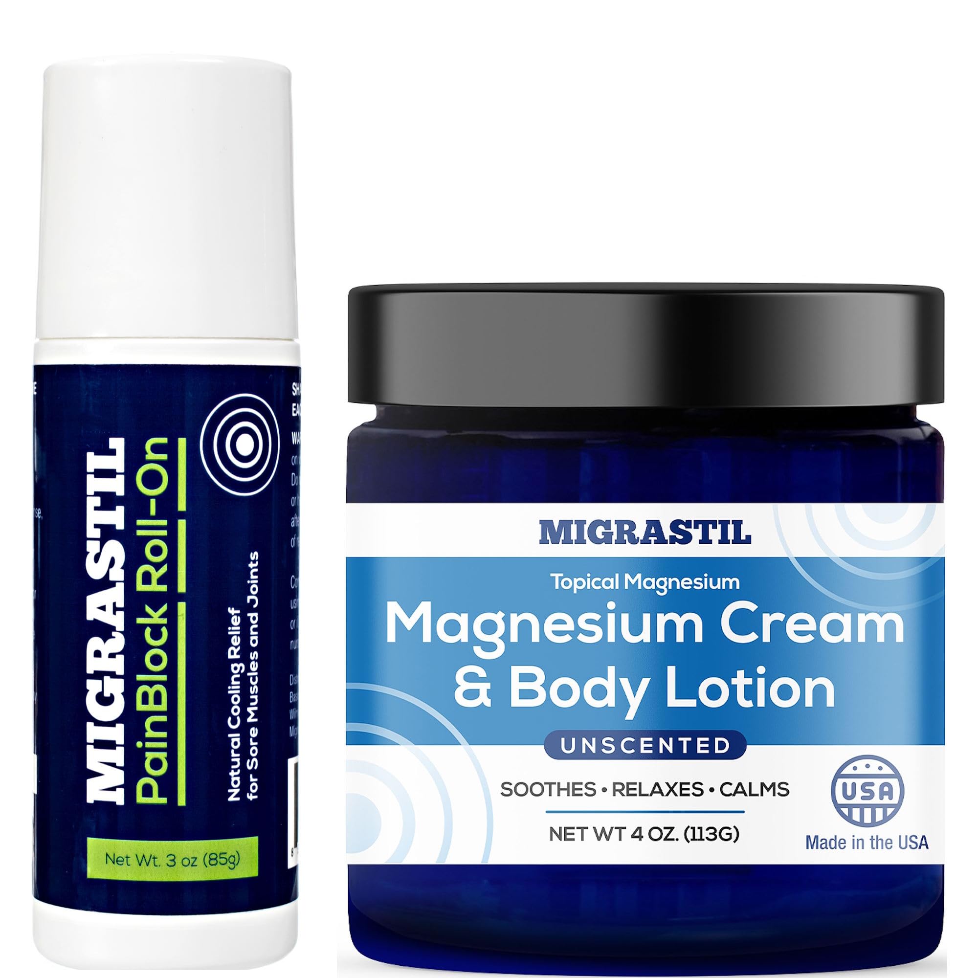Basic Vigor Migrastil PainBlock Roll-On & Unscented Topical Magnesium Cream Bundle. Made in The USA. Basic Vigor Au supplements