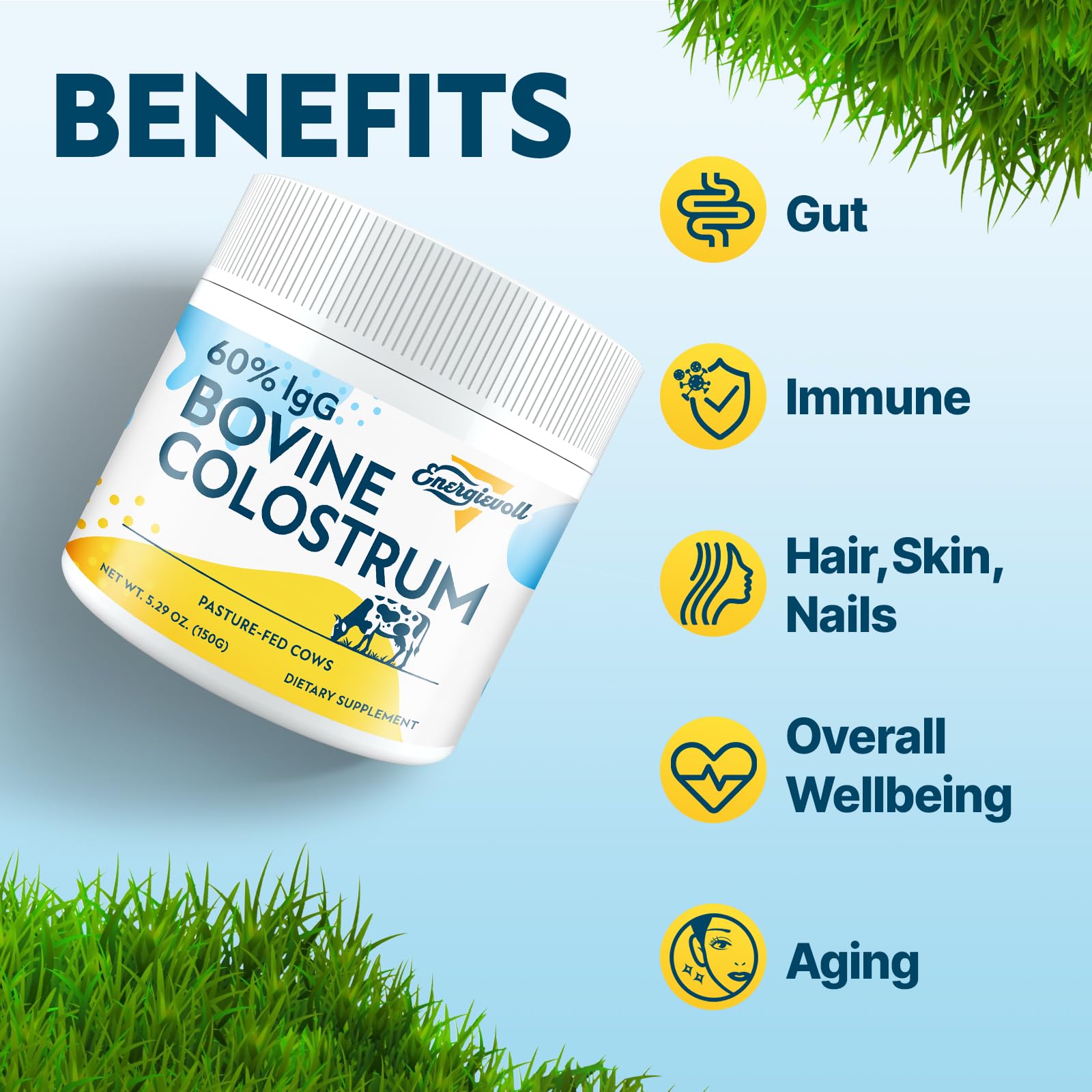 Energievoll Bovine Colostrum Supplement Powder - 60% IgG 3000 mg for Gut, Hair Growth, Beauty, and Immune, Easy to Mix, Unflavored (50 Servings) Energievoll Au supplements