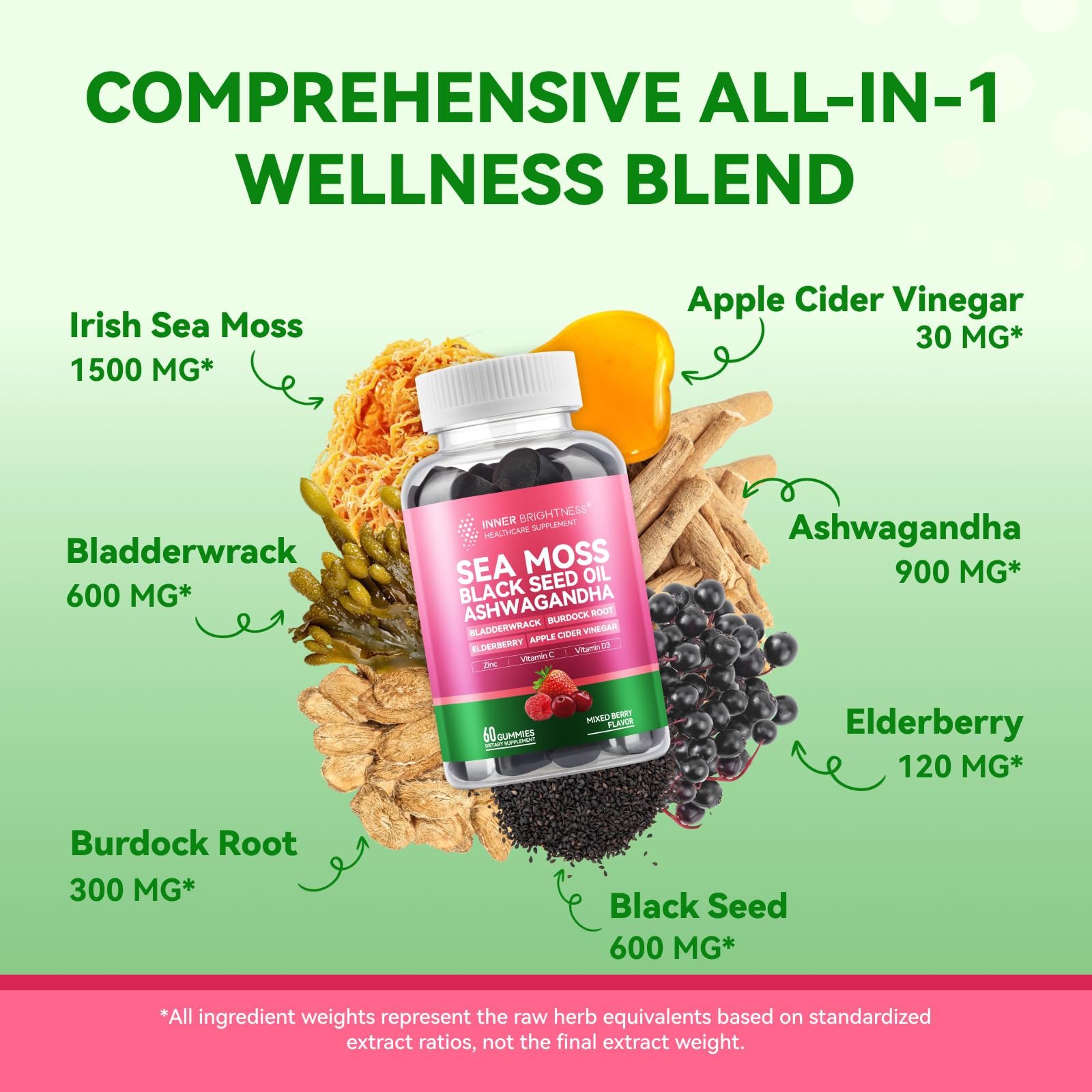 Inner Brightness Sea Moss 4000mg Gummies with Ashwagandha, Elderberry, Apple Cider Vinegar, Bladderwrack, Burdock Root – Immune Support – Mixed Berry Flavor – 60 Count Inner Brightness Au supplements