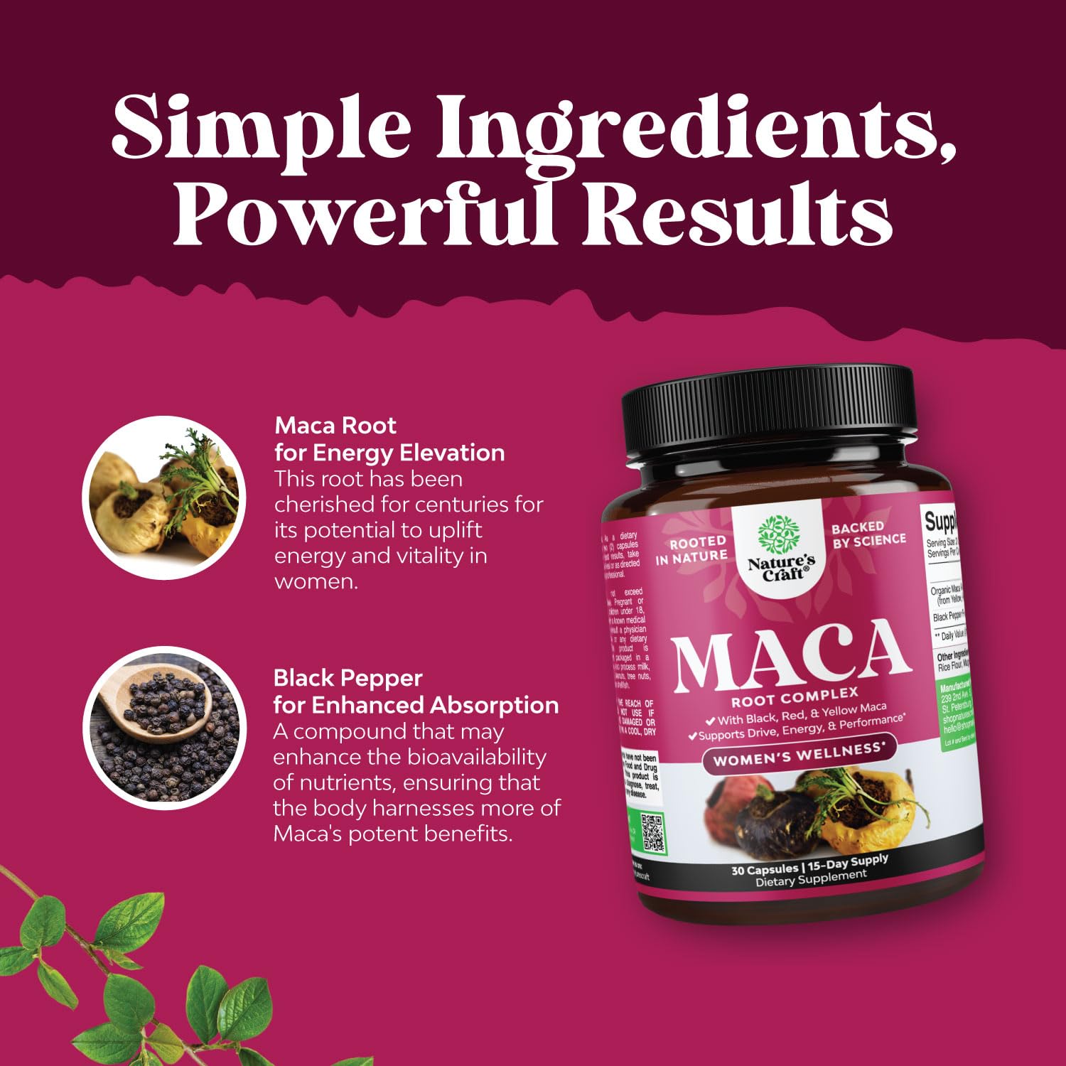 Maca Root Capsules for Women - Potent Herbal Supplement with Female Enhancing Blend of Red Yellow & Black Maca Root - Non-GMO Certified Vegan and Gluten-Free with No Artificial Colors - 30 Count Natures Craft Au supplements