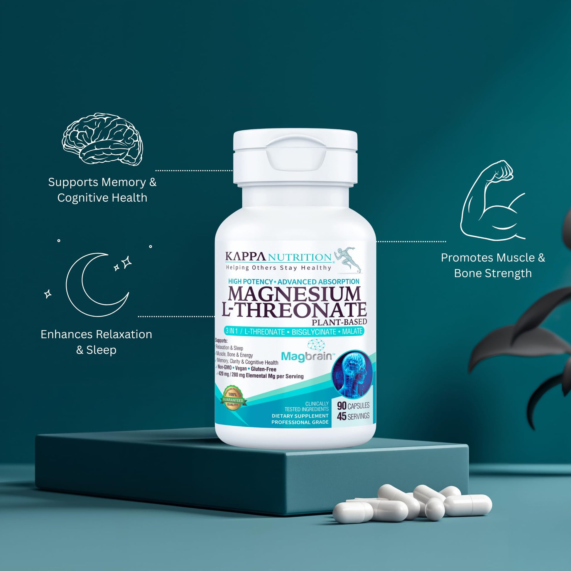 Kappa Nutrition Powered by Magbrain™ Magnesium L-Threonate Plant-Based, 90 Vegan Capsules, 420mg Elemental Magnesium (3 Capsules) from 2,253mg, Brain, Sleep & Muscle Support. KAPPA NUTRITION Au supplements