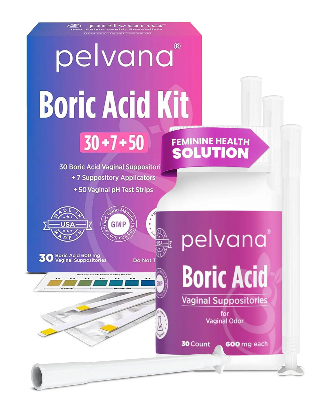 Pelvana Boric Acid Suppositories for Women 30 + 7 Applicators + 50 pH Test Strips, Total of 87 Piece Kit for Vaginal Odor - Third-Party Verified & Bottled in The USA - Feminine Health Odor Solution Pelvana Au supplements