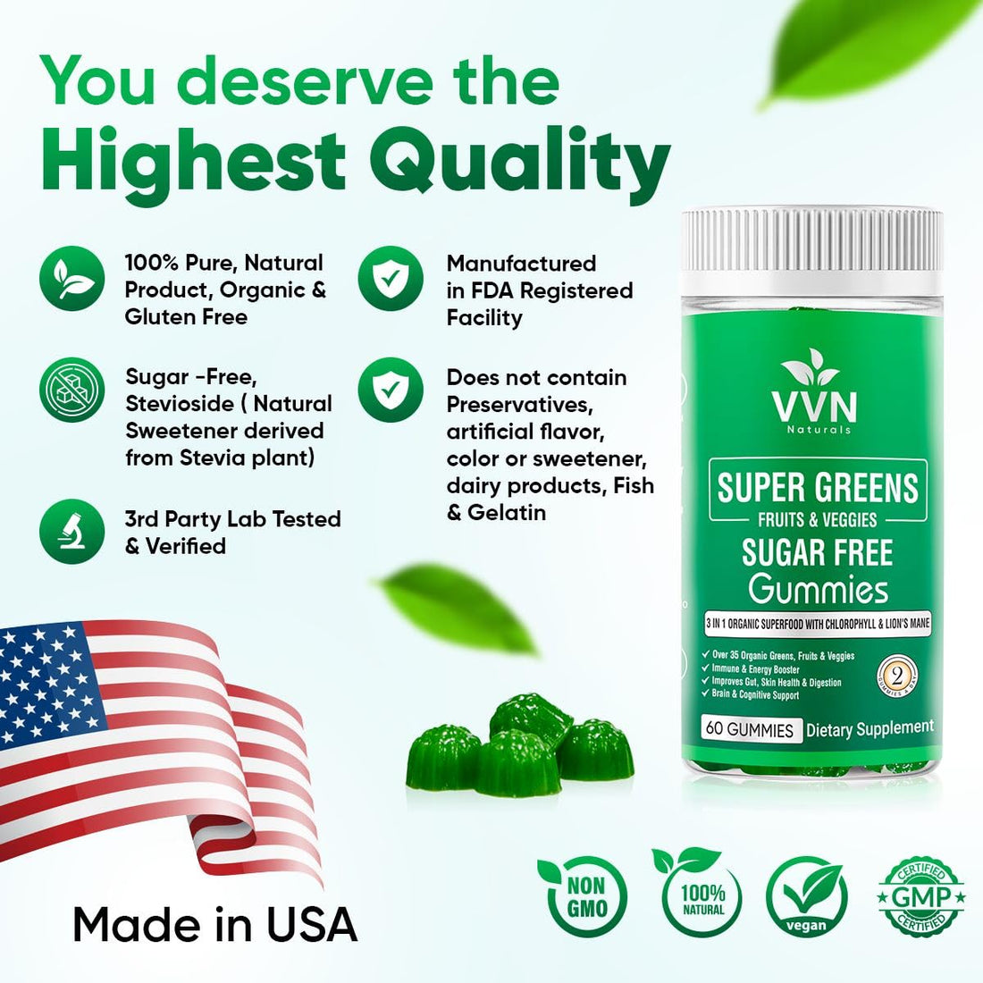 Sugar-Free Real Organic Fruits, Super Greens and Veggies Gummies | 35+ Nutritious & Healthy Greens, Fruits, and Vegetables for Improved Immunity, Skin Health & Energy Boost|60 Vegan Gummies VVN Naturals Au supplements