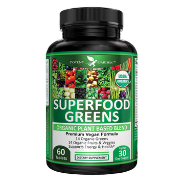 Potent Garden Organic Superfood Greens, Fruit and Veggies Supplement Rich in Vitamins & Antioxidants with Alfalfa, Beet Root & Tart Cherry to Boost Energy, Immunity & Gut Health, Greens Tablets 60 Ct Potent Garden Au supplements