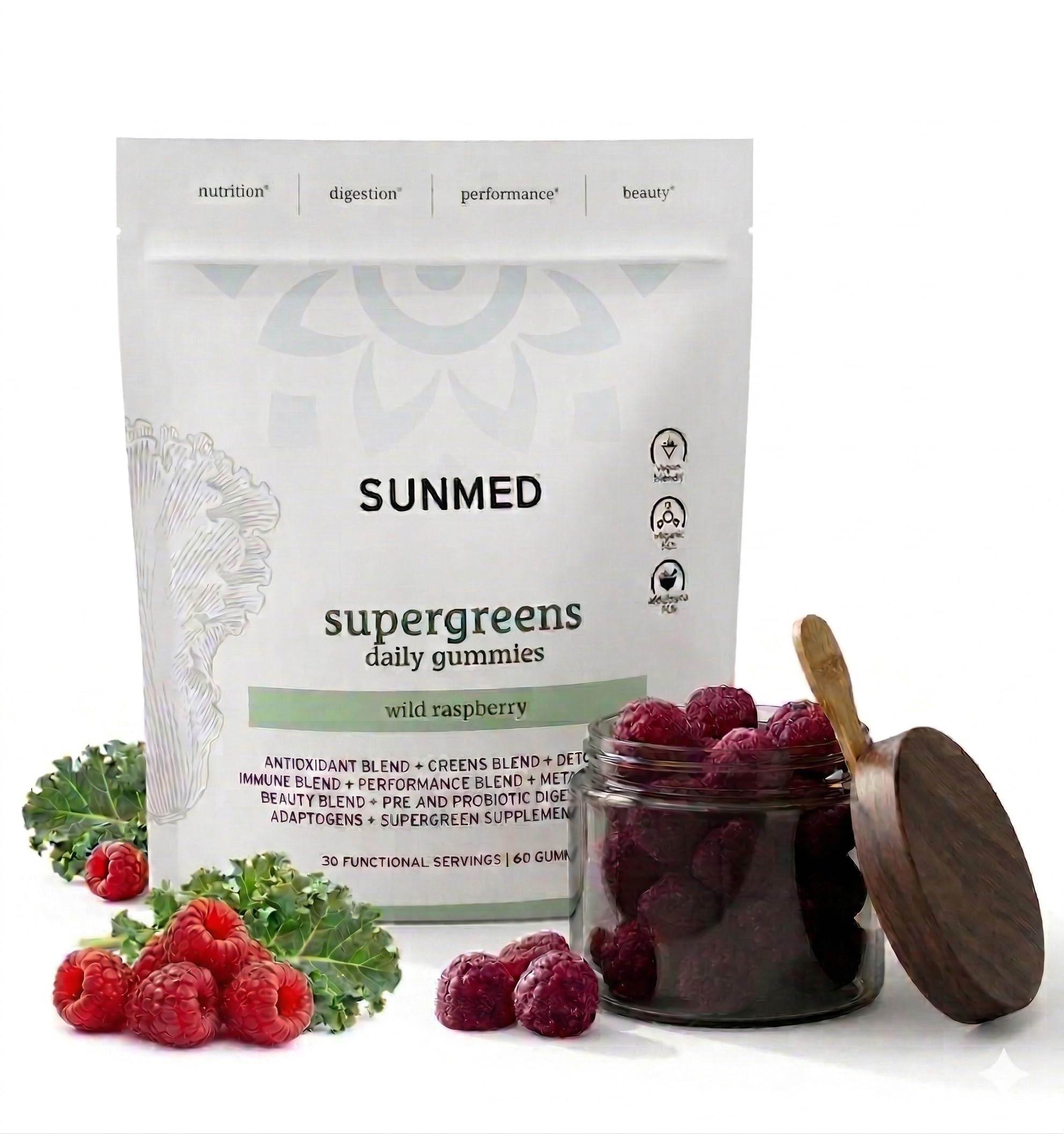 SUNMED Supergreens Daily Gummies – Wellness Blend with Ashwagandha, Green Tea, Spirulina, Probiotics, Antioxidants & Detox Support for Immunity, Gut, Skin & Brain Health | Wild Raspberry, 60ct SUNMED Au supplements