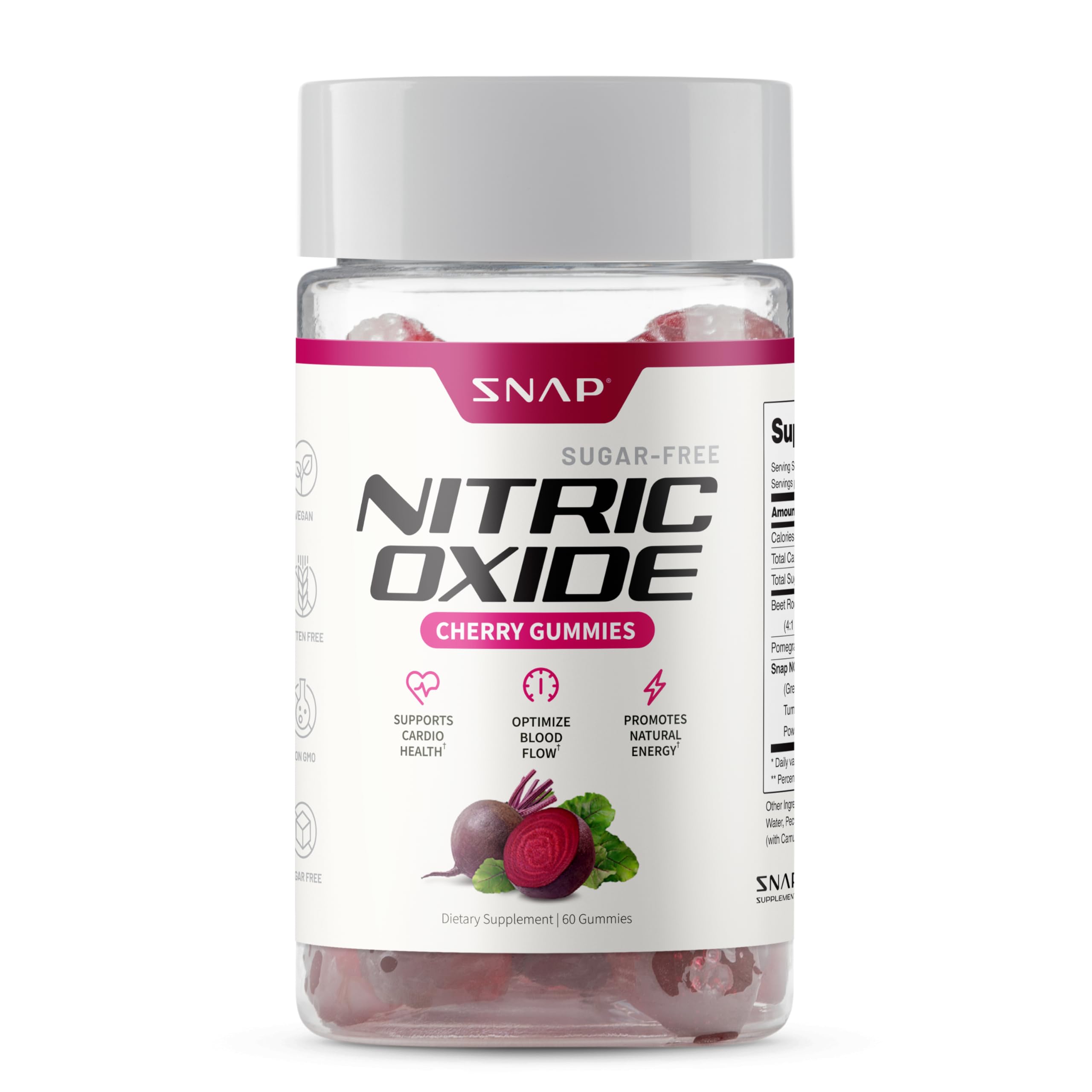Snap Supplements Nitric Oxide Gummies - Beet Root Extract 300mg, Sugar Free Beetroot Supplement with Pomegranate Powder for Circulation & Natural Energy, 60 Vegan Gummies, Cherry Flavor Snap Supplements Au supplements