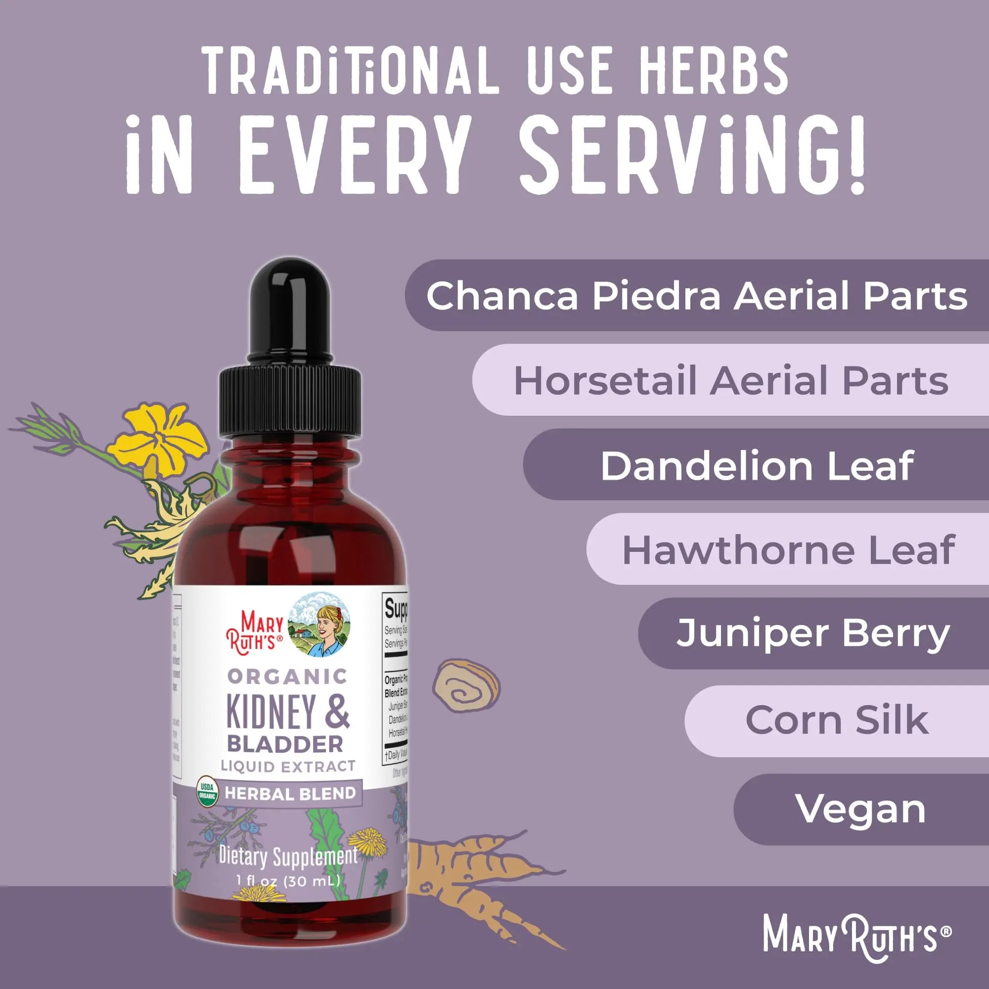 MaryRuth Organics Herbal Supplement Drops | Support Renal & Urinary Systems | Juniper Berry | Cleavers | Dandelion | Hawthorn | Horsetail & Chanca Piedra | Vegan | Non-GMO | 1 Fl Oz MARYRUTH'S Au supplements