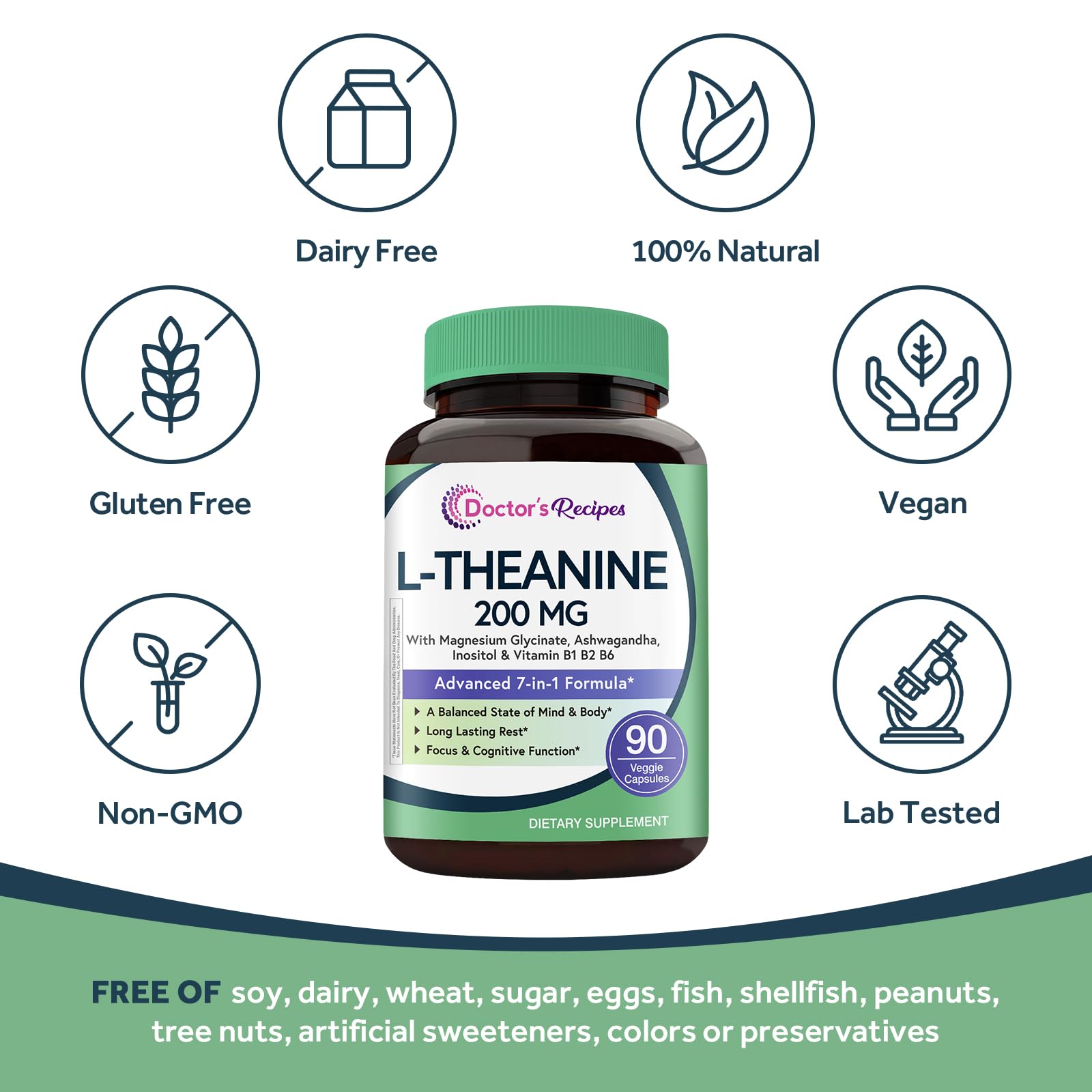 Doctor's Recipes L-Theanine 200 mg, Magnesium Glycinate, Ashwagandha, Inositol, Vitamin B6 B1 B2, Calm Relaxation Mood Cortisol Manager Nerve Focus Sleep Aid Quality No Drowsiness, Vegan, 90 Capsules Doctor's Recipes Au supplements