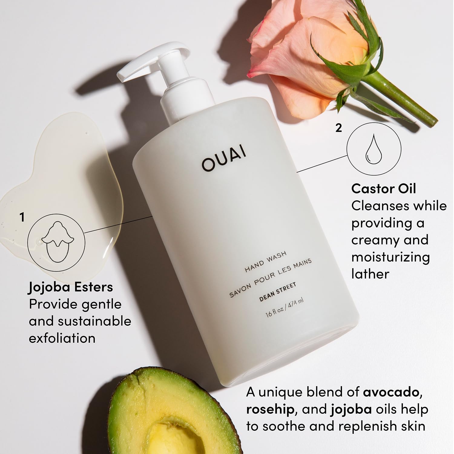 OUAI Hand Wash Full Size, Dean Street - Liquid Hand Soap with Jojoba, Avocado, & Rose Hip Oil for Replenished Skin - Gentle Exfoliating Kitchen & Bathroom Soap - (2 Pack, 16 Fl Oz Each) OUAI Au supplements