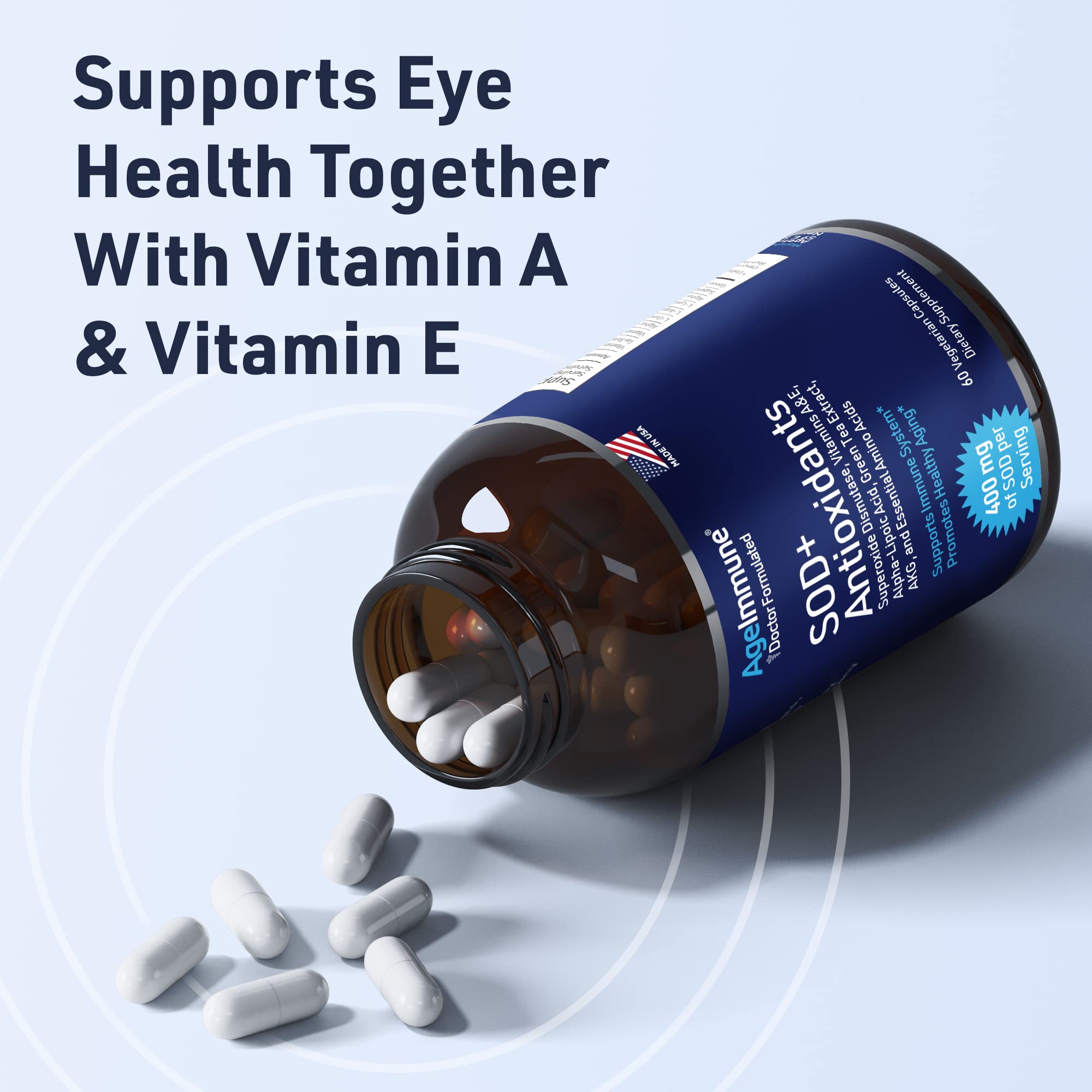 SOD Antioxidants Complex Healthy Aging Supplement - 400mg of Superoxide Dismutase - Alpha Lipoic Acid - L-Arginine -Lysine - AKG - Vitamin A - Vitamin E for Immune Support-60 Capsules AgeImmune Au supplements