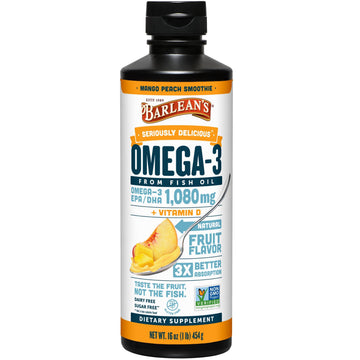 Barlean's Omega 3 Fish Oil Liquid Supplement with Vitamin D for Men and Women, 1080mg of EPA and DHA Fatty Acid, Promotes Brain & Heart Health - Non-GMO, Mango Peach, 16 oz Barlean's Au supplements