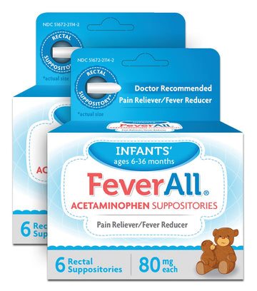 Feverall Infant Acetaminophen Suppositories 6 Rectal Suppositories 80mg Each Pain Reliever/Fever Reducer. Paraben Free, No Artificial Colors or Other preservatives. Ages 6-36 Months (Pack of 2) Feverall Au supplements