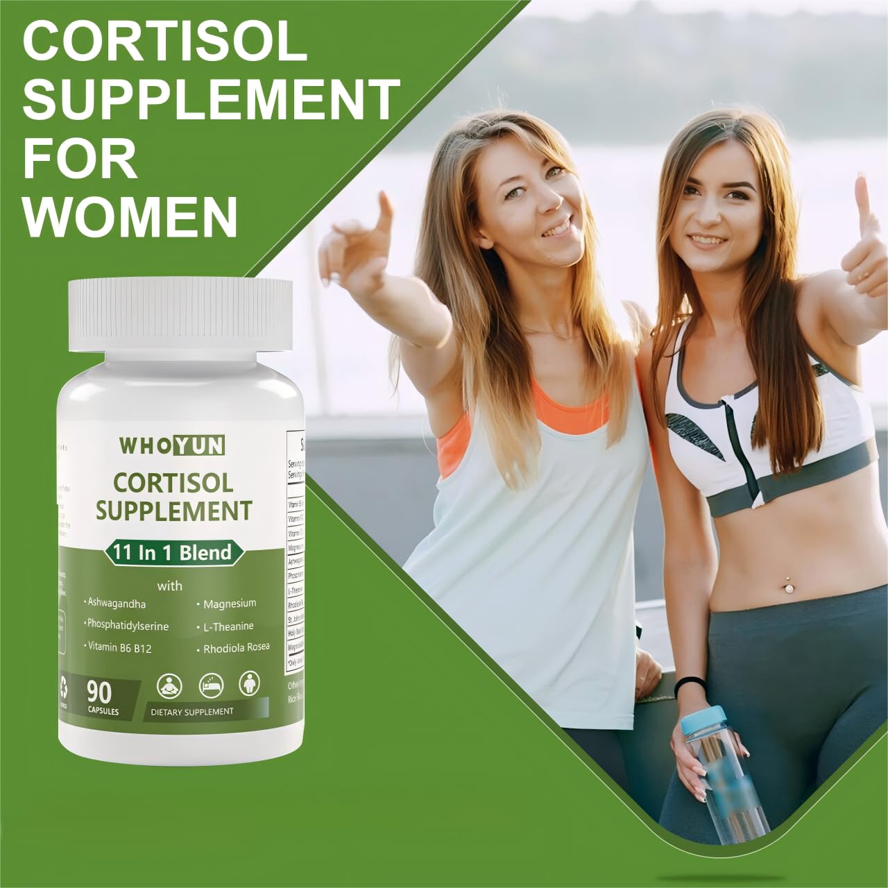 Whoyun Cortisol Supplement for Women, 11 in 1 Lower Cortisol Blend with Ashwagandha, Phosphatidylserine, Magnesium, L-Theanine, Vegan, 90 Capsules Whoyun Au supplements