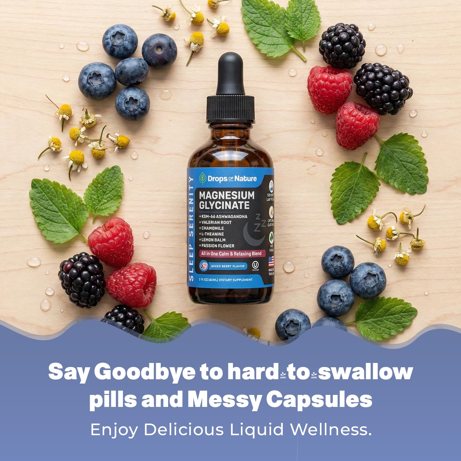 Magnesium Glycinate & Ashwagandha Liquid Drops with Valerian Root, Chamomile, Passion Flower, Lemon Balm & L-Theanine - Vegan Fast Absorption - Supplement for Wellness & Relaxation (Mixed Berry, 60mL) Drops Of Nature Au supplements