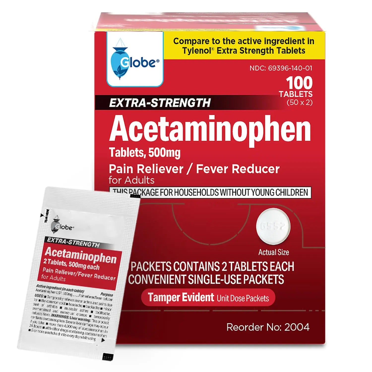 Globe Extra Strength Acetaminophen Tablets 500 mg, Pain Reliever and Fever Reducer, Gentle on Stomach, for Arthritis Pain, Backache Pain and More, 50 Packets of 2 Tablets Each, 100 Count Globe Au supplements