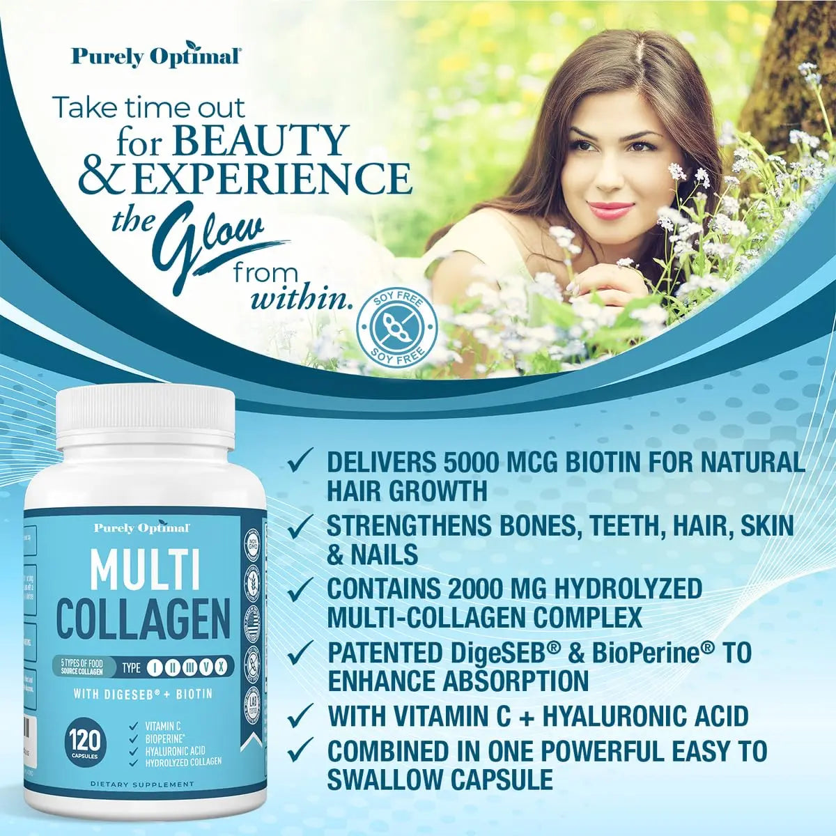 Premium Multi Collagen Peptides (Types I, II, II, V, X) - Collagen Pills for Skin Care, Hair Growth, Nails & Joints - Vitamin C, Hyaluronic Acid Purely Optimal Au supplements