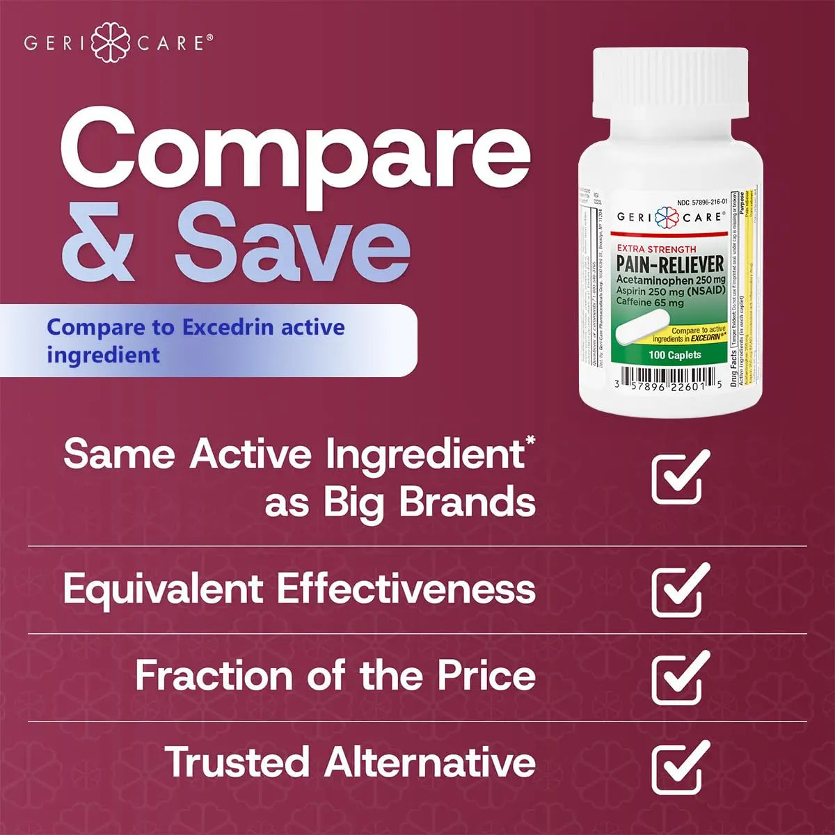 GeriCare Pain Reliever Extra Strength Caplets – 100 Count – Acetaminophen 250mg, Aspirin 250mg (NSAID), Caffeine 65mg – Powerful Triple-Action Formula for Headaches, Migraines & Minor Aches (2 Pack) GeriCare Au supplements