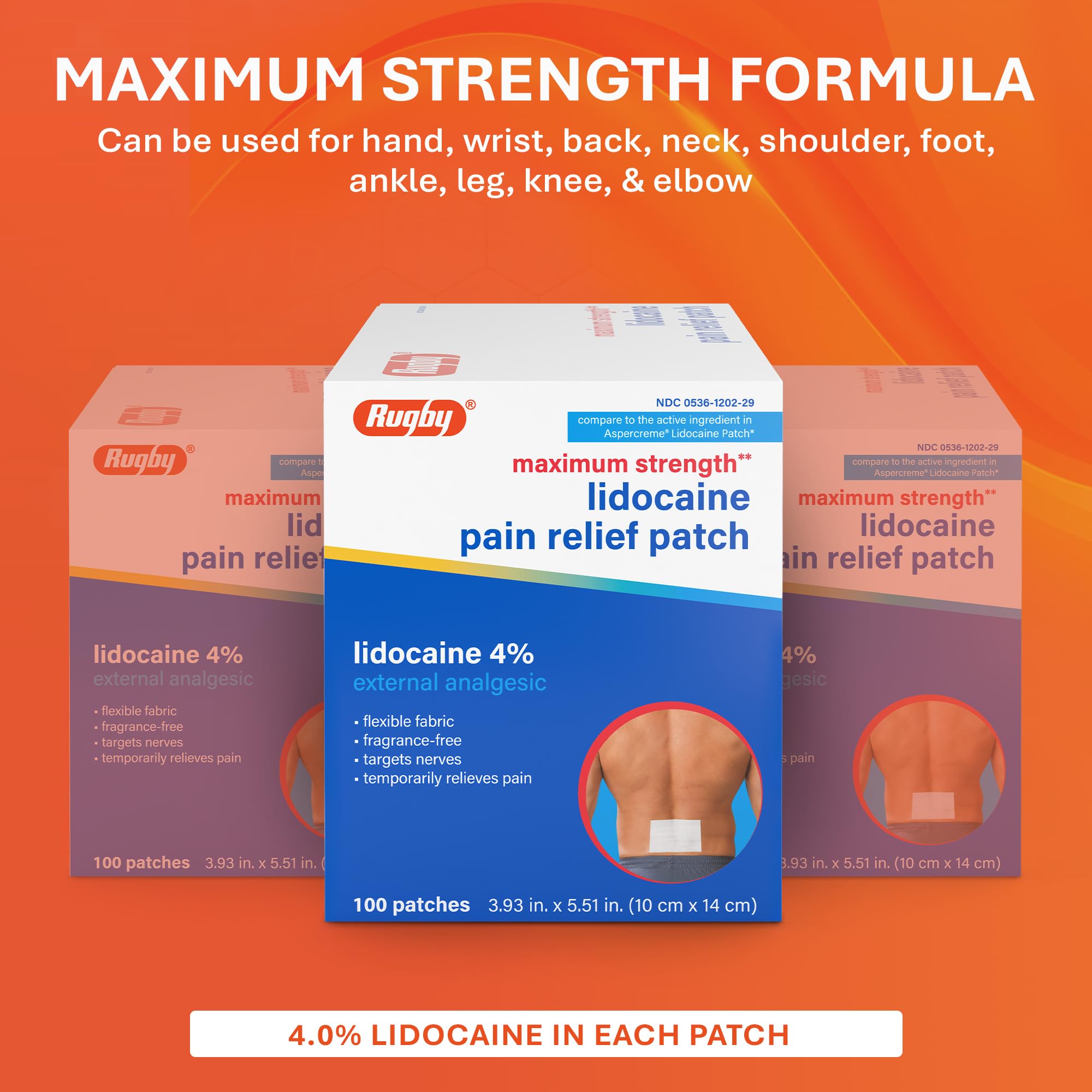 Rugby Maximum Strength 4% Lidocaine Pain Relief Patch- External Analgesic - Flexible Fabric, Fragrance-Free - Temporarily Relieves Pain - 100 Patches (10 cm x 14 cm Each) RUGBY LABORATORIES Au supplements