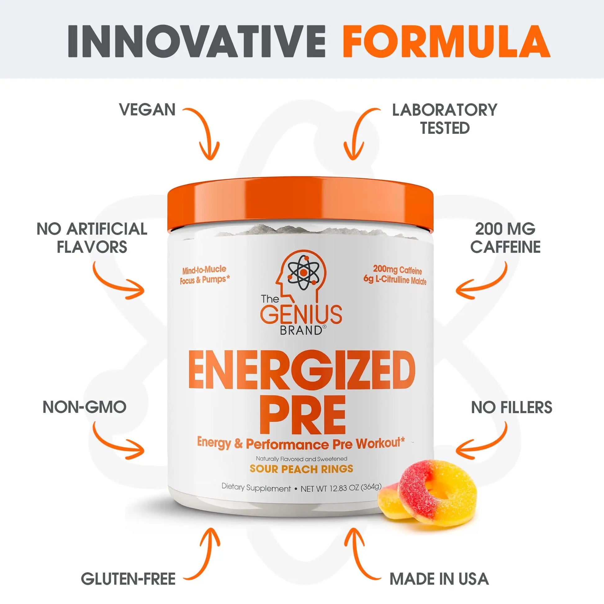Genius Energized Pre Workout Powder – Caffeine Infused Pre-Workout Booster Supplement with Beta Alanine & Alpha GPC, No Artificial Sweeteners or Dyes - 200mg Caffeine, 20 Servings, Sour Peach Rings The Genius Brand Au supplements