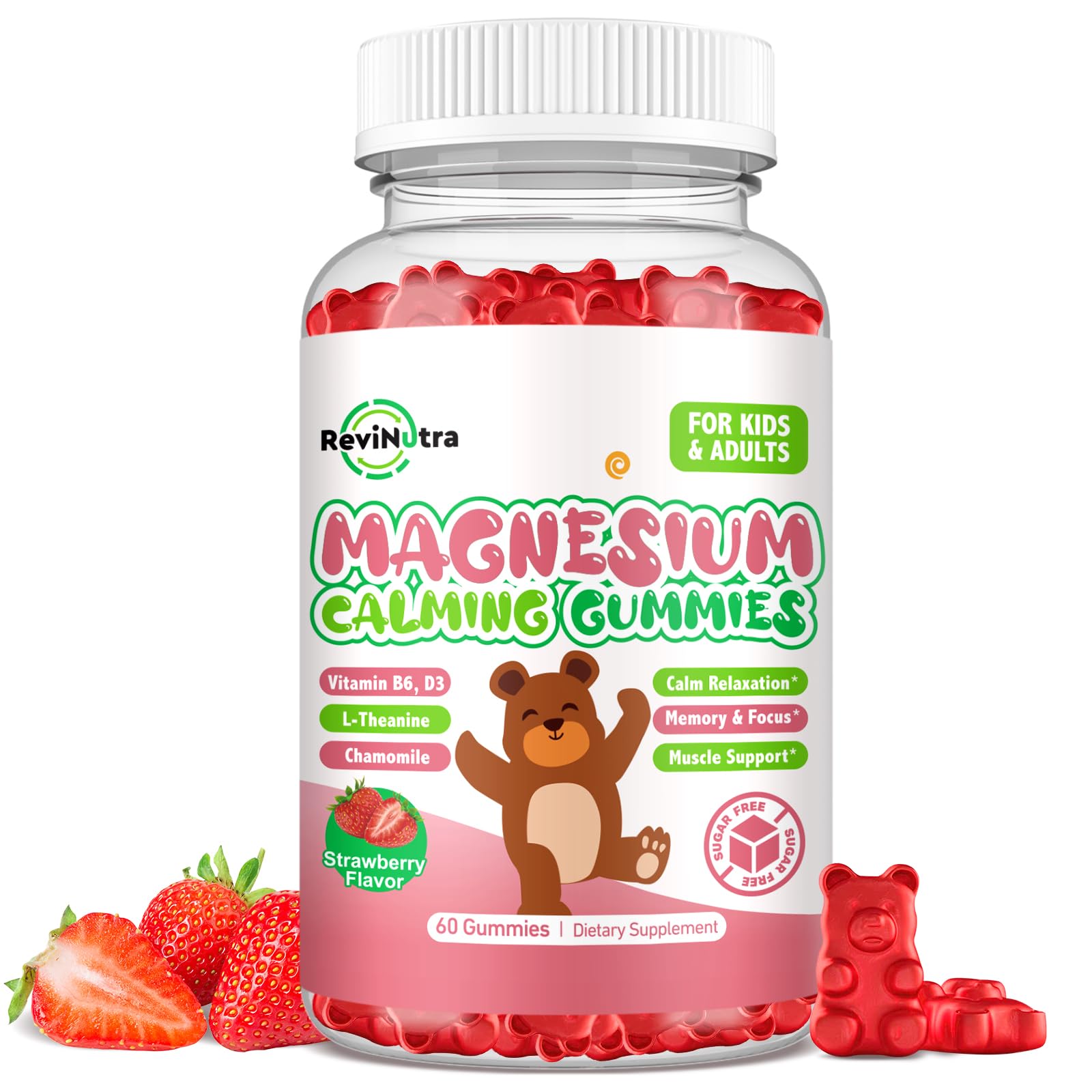Magnesium Gummies for Kids - Magnesium Glycinate Gummies Supplement with L-Theanine, Vitamin B6, D3 for Kids & Adults Sleep, Calm, Relaxation, Brain, Bones, Sugar Free Strawberry 60ct ReviNutra Au supplements