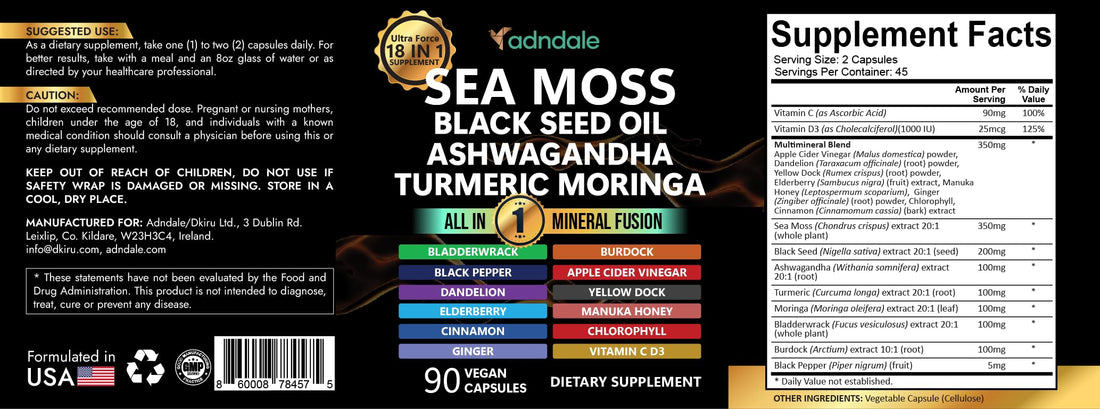 Adndale Sea Moss Capsules - Sea Moss Blend with Ashwagandha, Turmeric & Black Seed Oil - 180 Count Adndale Au supplements