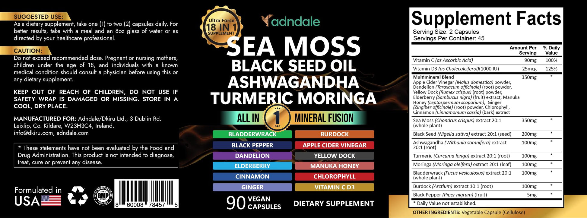 Adndale Sea Moss Capsules - Sea Moss Blend with Ashwagandha, Turmeric & Black Seed Oil - 180 Count Adndale Au supplements