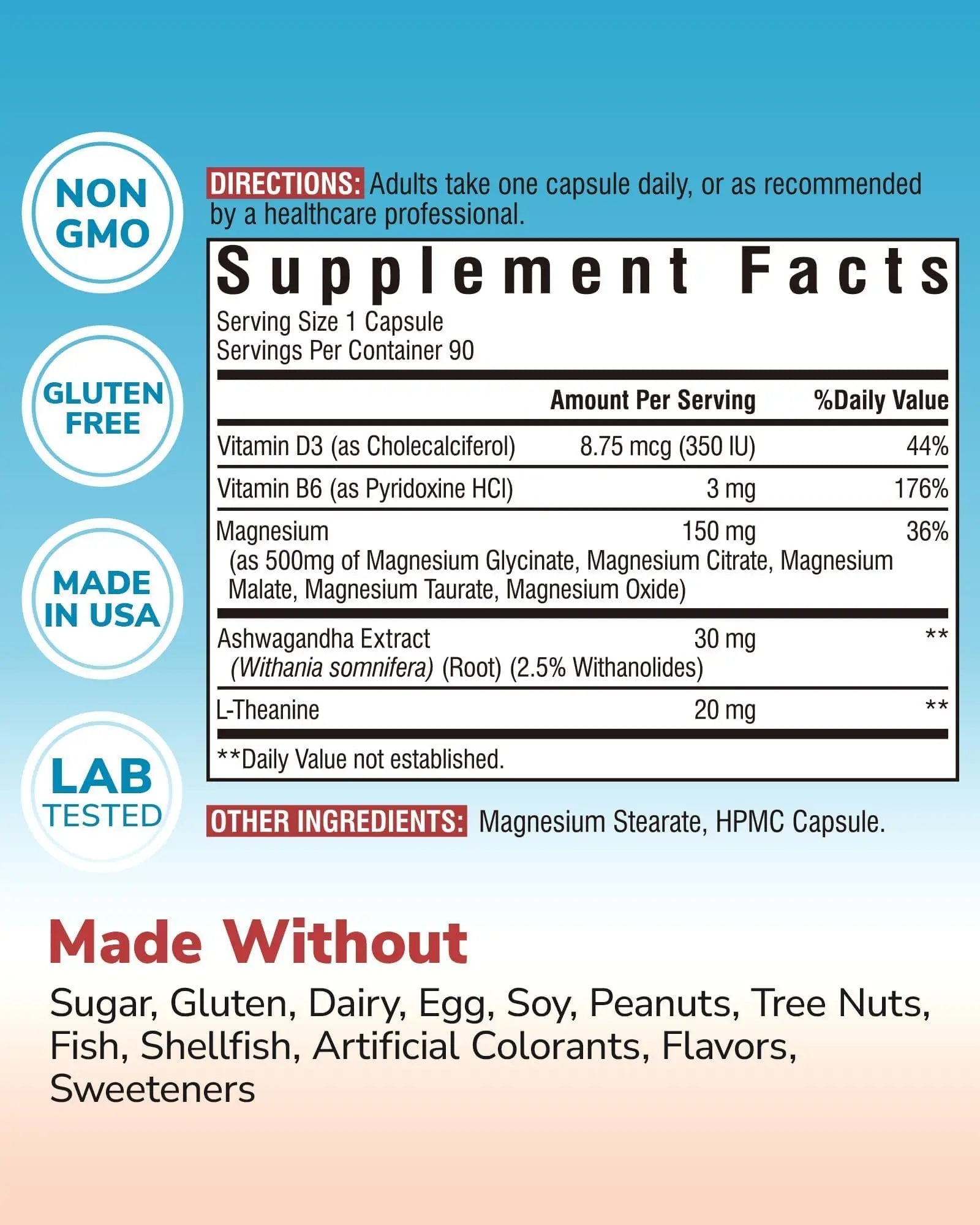 Vitalibre Magnesium Complex with Ashwagandha & L-Theanine - Stress Relief, Bone & Relaxation Support - w/Vitamin D3, B6 - Glycinate, Citrate, Malate, Taurate - 90 Vegan Capsules, Non-GMO, Gluten Free Vitalibre Au supplements