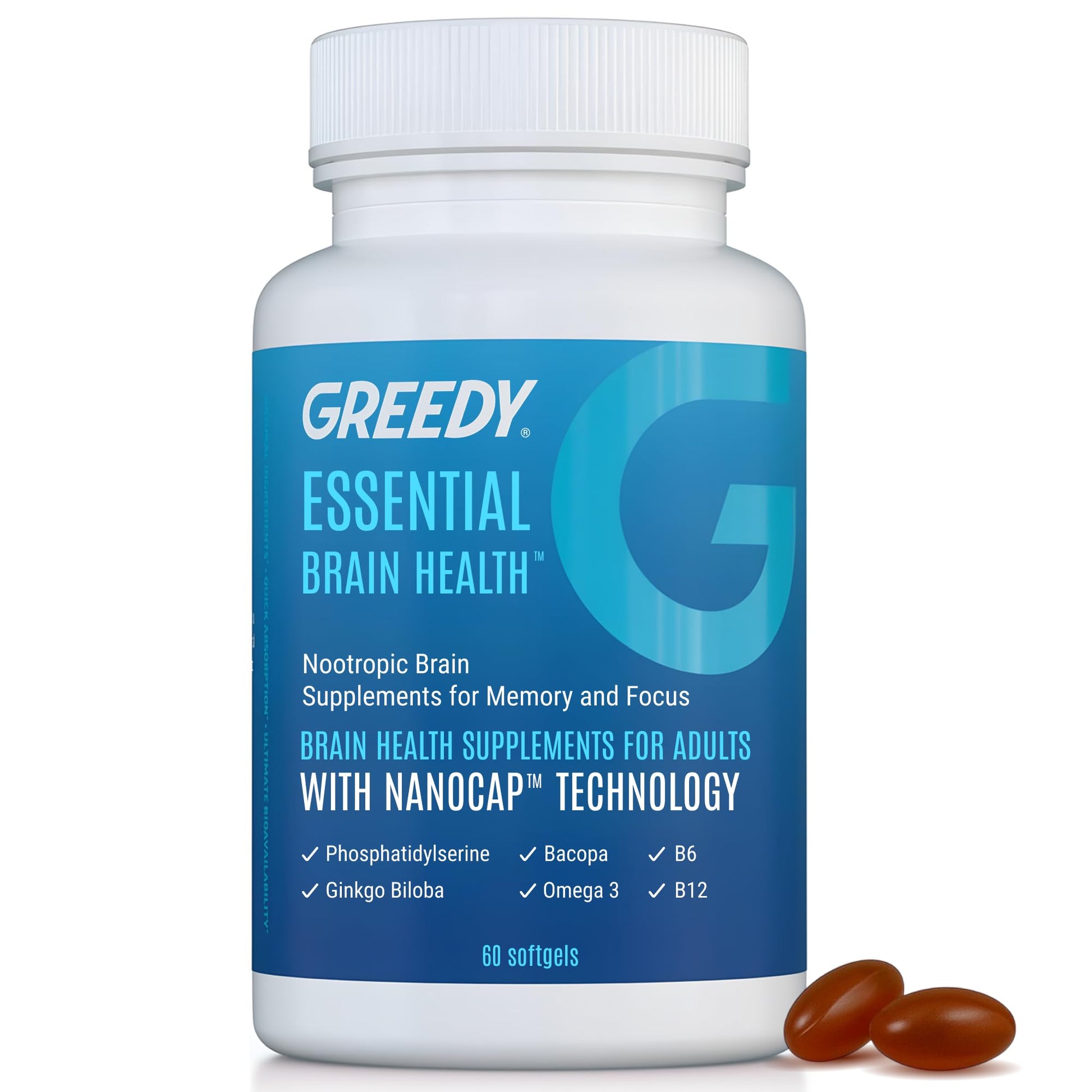 Essential Brain Health Supplements Nootropic for Memory and Focus – for Adults with NanoCap® Technology, Phosphatidylserine, Bacopa, Ginkgo Biloba, Omega 3, B6, B12, 60 Softgels by Greedy® Nutrition Platinum Health Au supplements