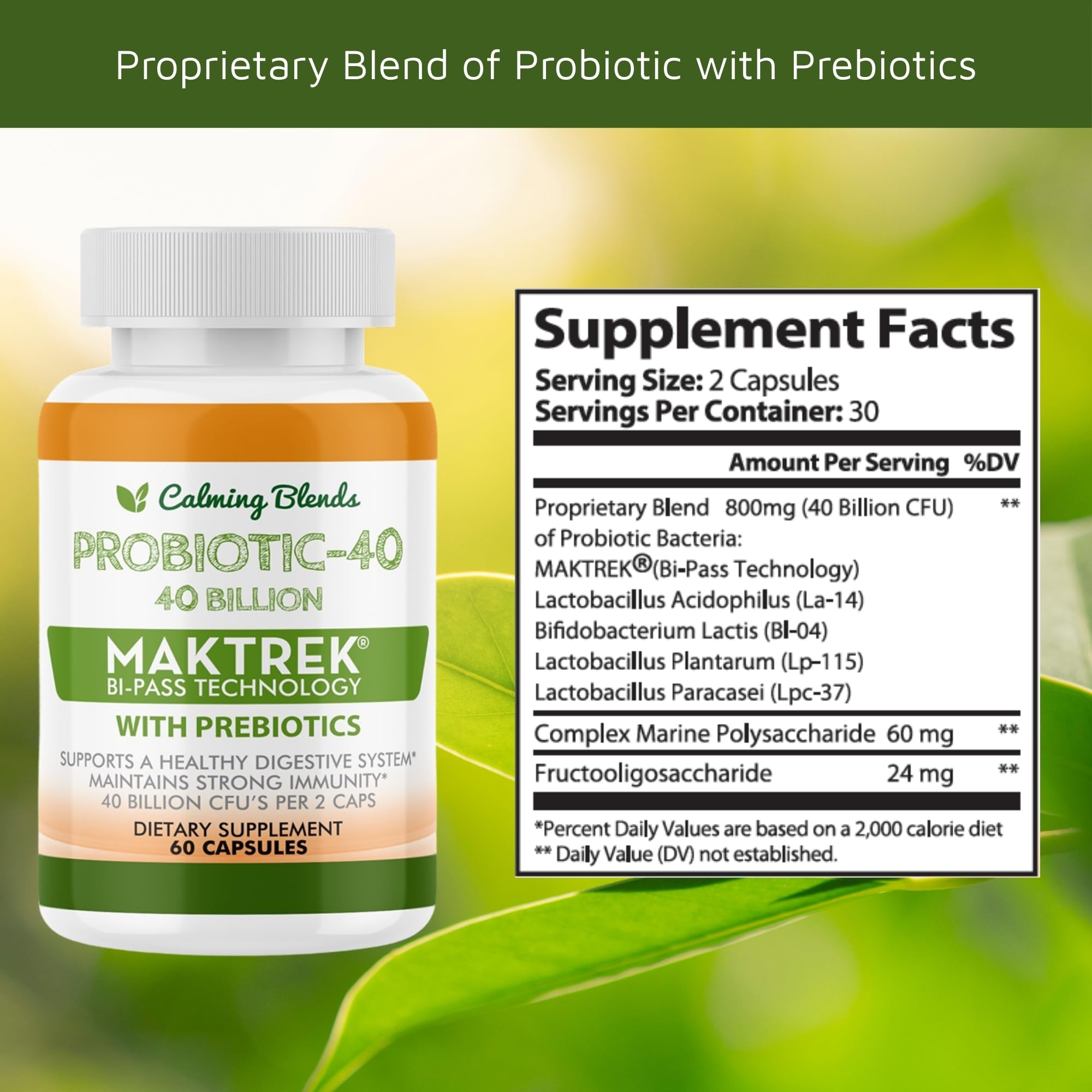 CALMING BLENDS Probiotic, 40 Billion CFU, Bi-Pass Delivery System for Maximum Effectiveness, Shelf Stable, 60 Vegetable Capsules CALMING BLENDS Au supplements