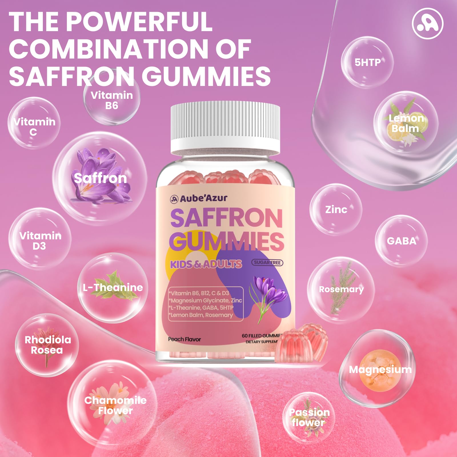 Saffron Gummies for Kids Adults 88.5mg, 15-in-1 Saffron Supplements for Kids, with B6, B12, C, D3, Magnesium Glycinate, Zinc for Nerve, Rest, Focus, Sugar Free, Vegan, Non- GMO, Peach Flavor, 60 Count Aube'Azur Au supplements