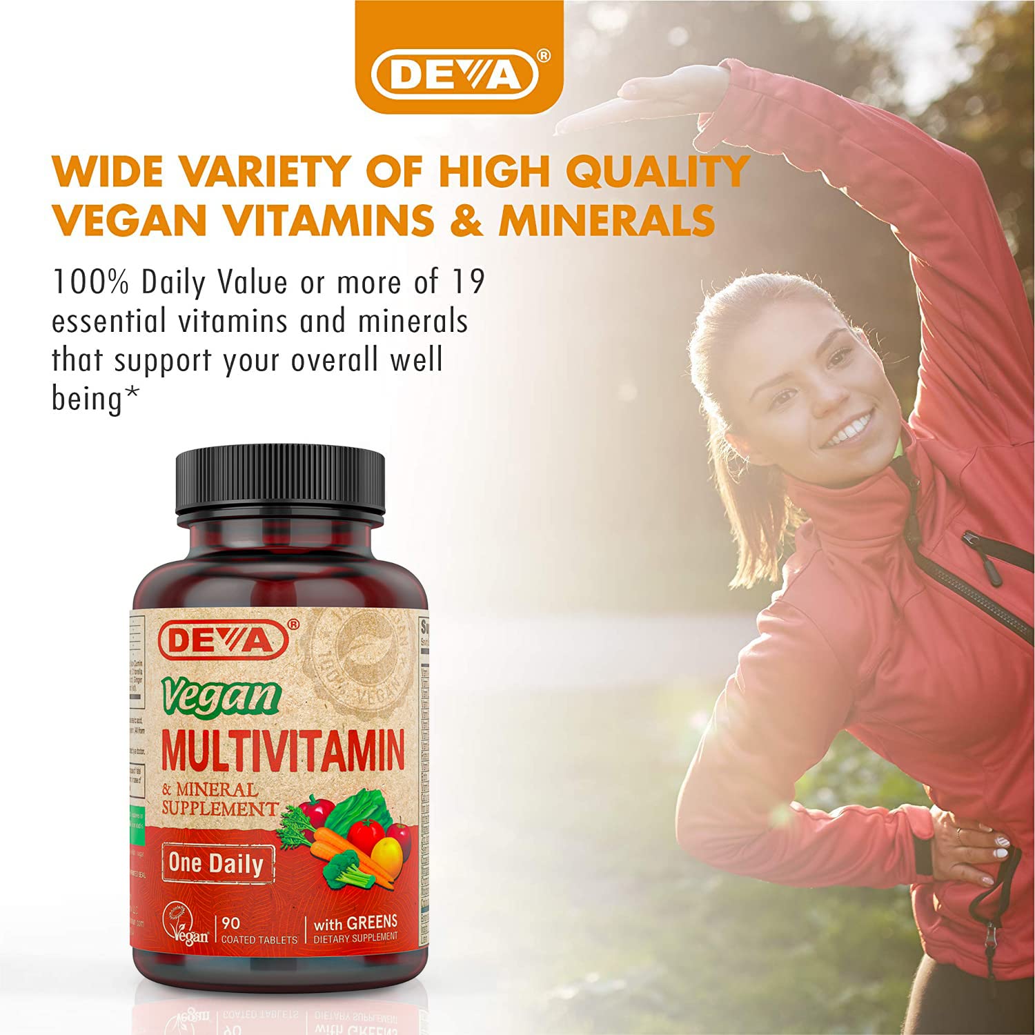 DEVA Vegan Multivitamin & Mineral Supplement with Iron 2-Pack, Spirulina, Chlorella, Ashwagandha, Broccoli & More, 90 Coated Tablets Each DEVA Au supplements